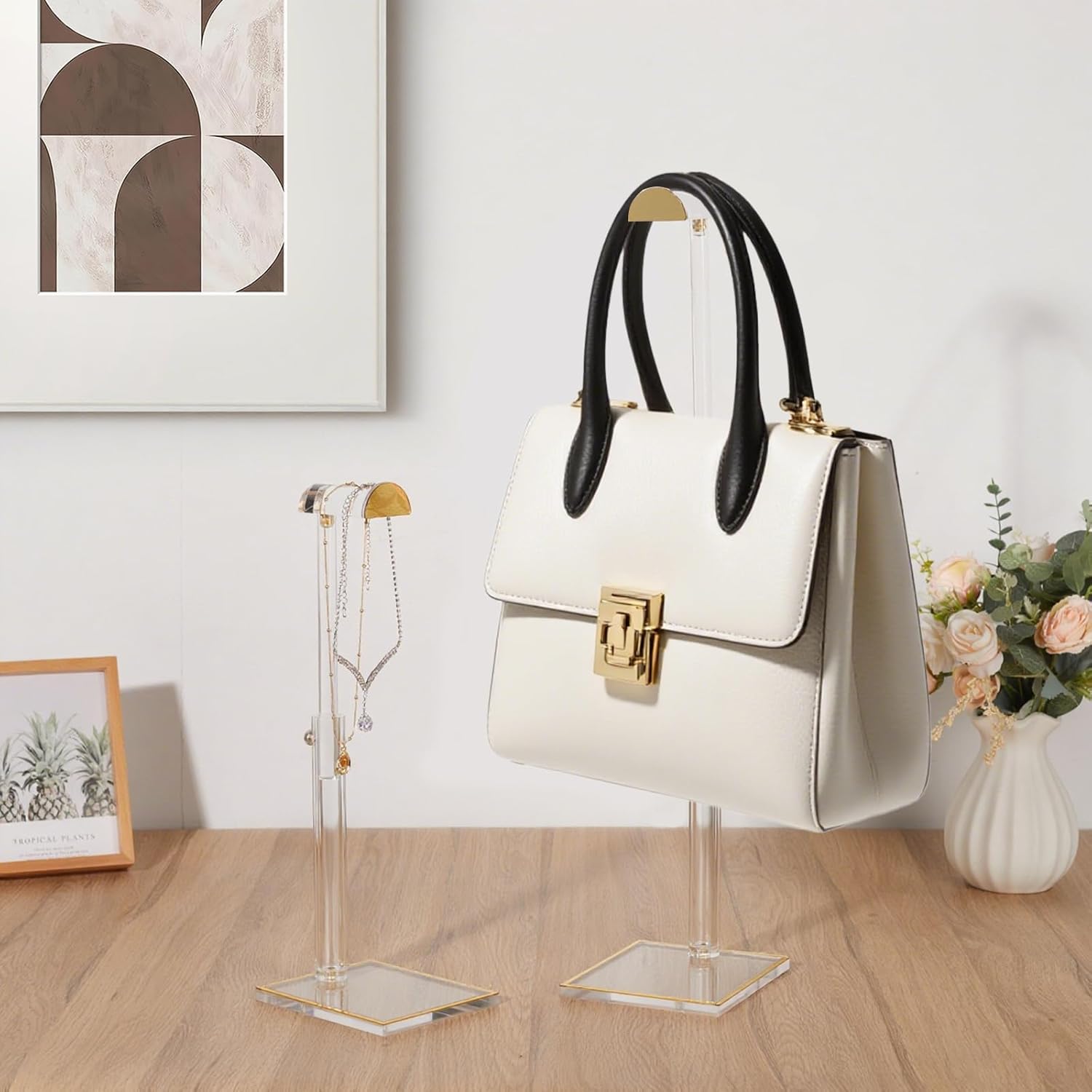 LED Iridescent Display Combo: 3pc Lighted Risers + Adjustable Purse Holder for Jewelry, Handbag & Retail Decor