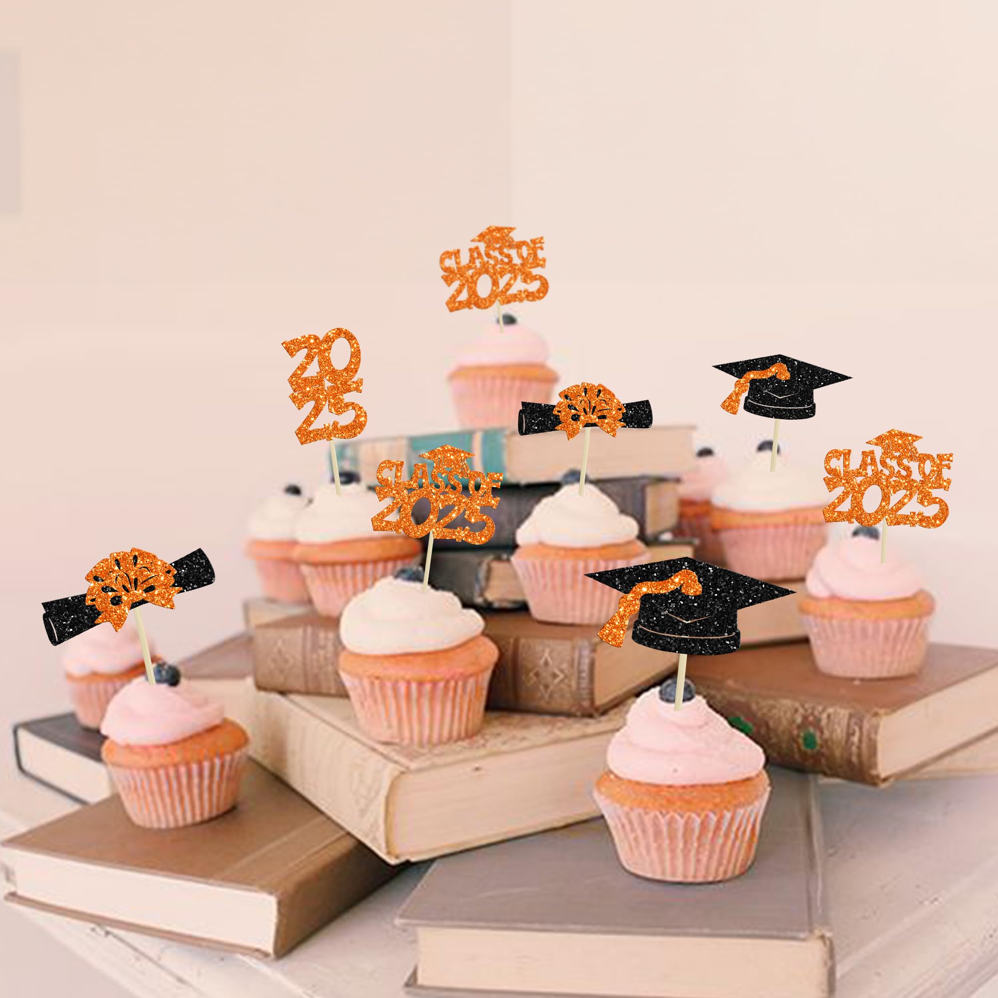 Ephlyn 36Pcs 2026 Graduation Theme Cupcake Toppers Glitter Class of 2026 Congrats Grad Diploma Graduation Cap Cupcake Picks for 2026 Graduation Theme Party Cake Decorations Supplies Orange - Image 4