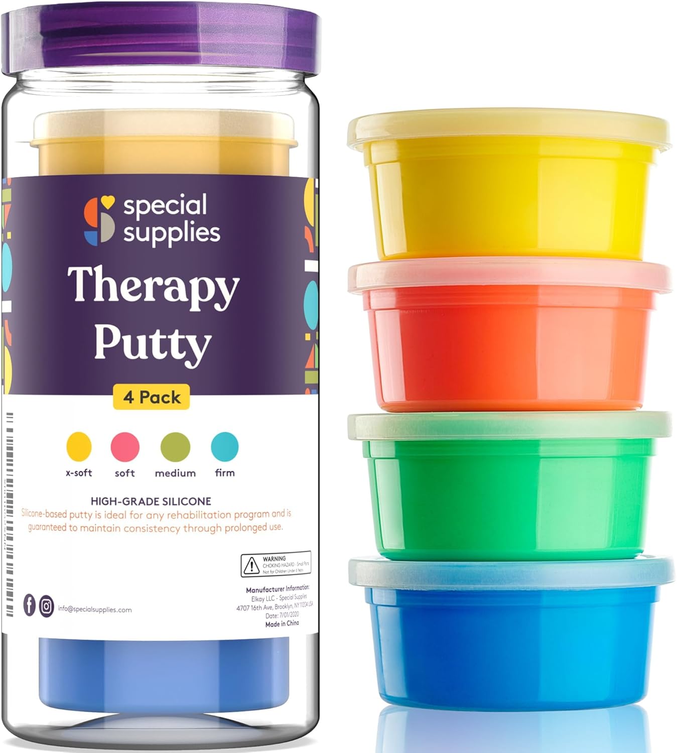 Color coded containers of therapy putty