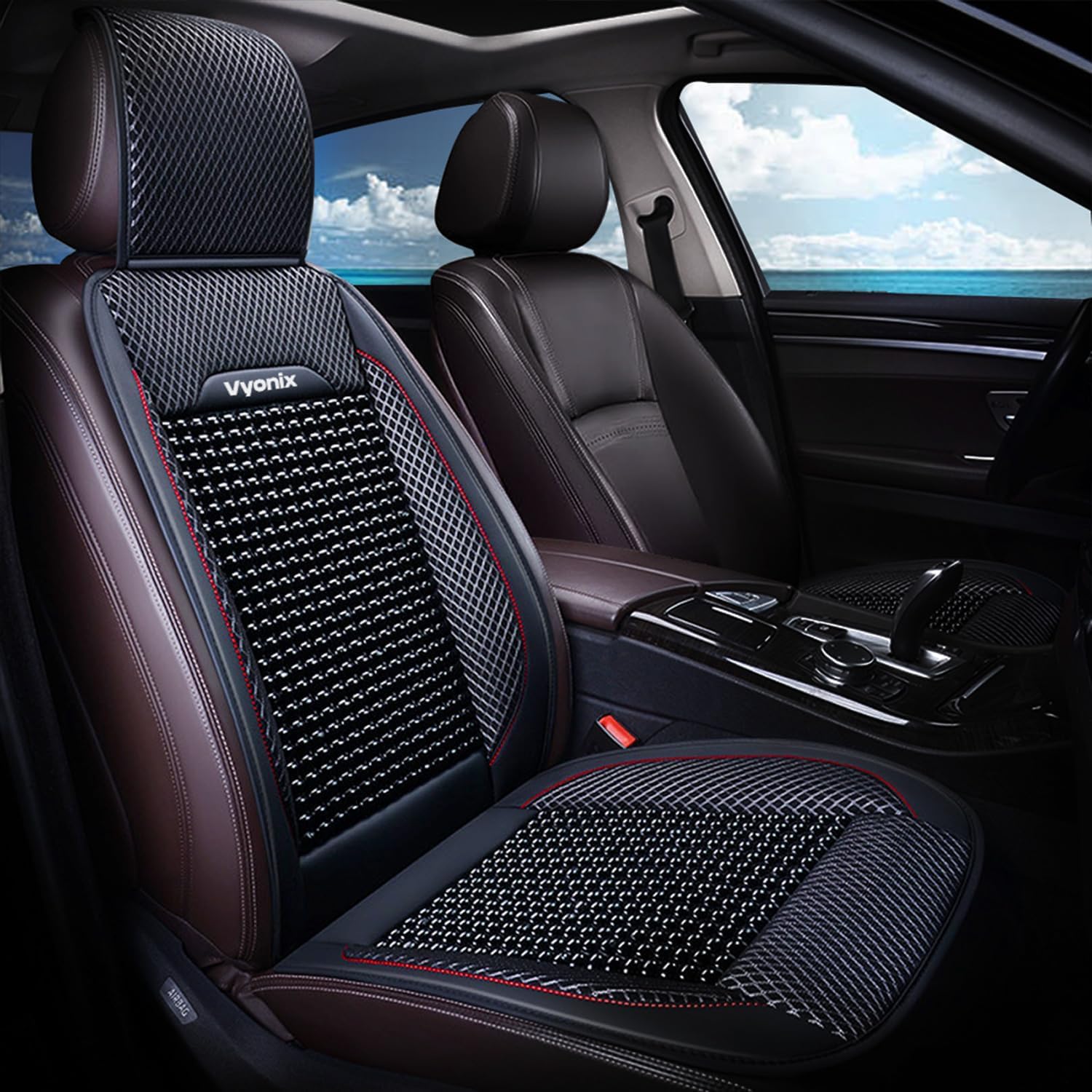 beaded car seat covers, breathable with massage, anti-sweat, and back support features - beaded wooden and mesh car seat covers - universal fit (black (2 pack)