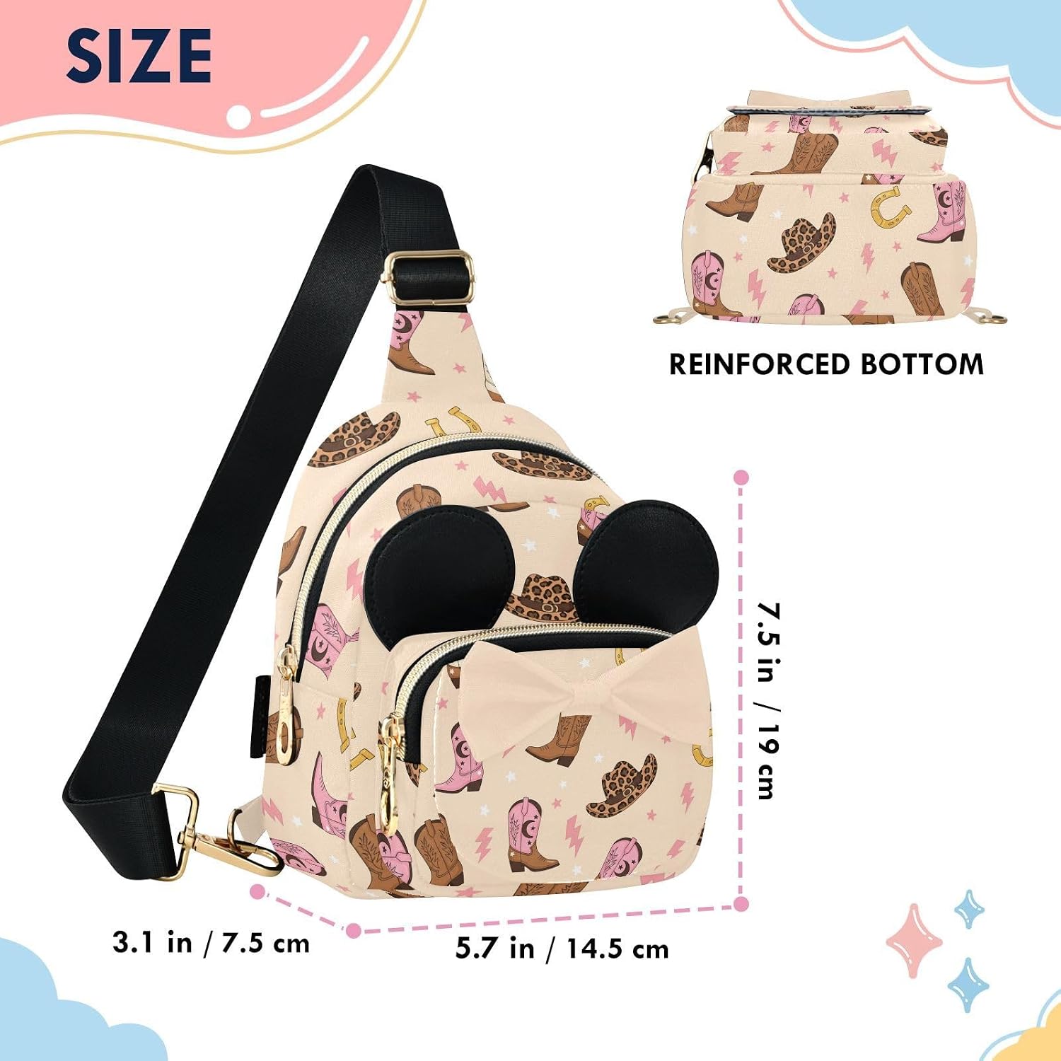 Sinestour Western Cowboy Kids Crossbody Bags for Girls, 3.1x5.7x7.5Inches | Crossbody Fanny Pack, Toddler Purse, Cute Sling Belt Bag with Ears, 2L Small Shoulder Chest Bag for Travel