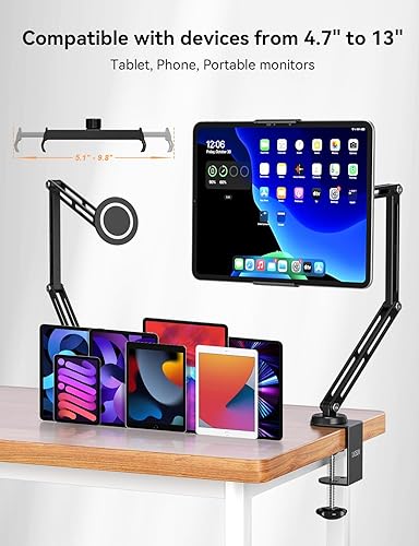 Miniatura 6 de XAOSUN Soporte para tablet ajustable, soporte magnético de aluminio para iPad, soporte plegable para tableta, rotación de 360, compatible con iPad,