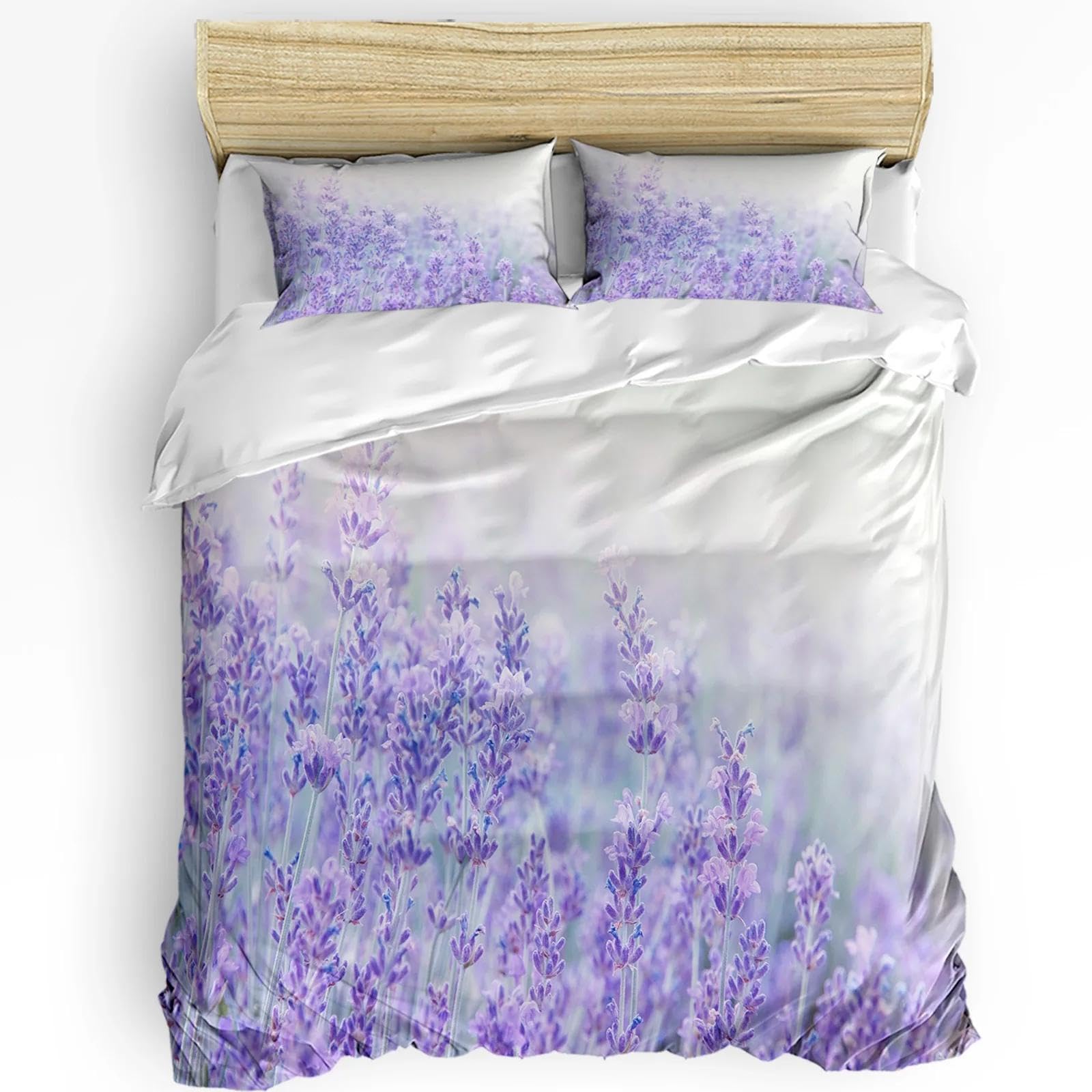 Ensemble de lit violet motif floral lavande avec housse de couette 220x260cm douce