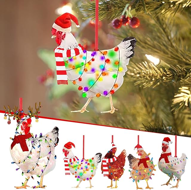 5PCS Christmas Scarf Chicken Decoration Christmas Hanging Ornaments Holiday Christmas Tree Decor Chicken Family Signs Xmas Tree Hanging Wooden Pendant