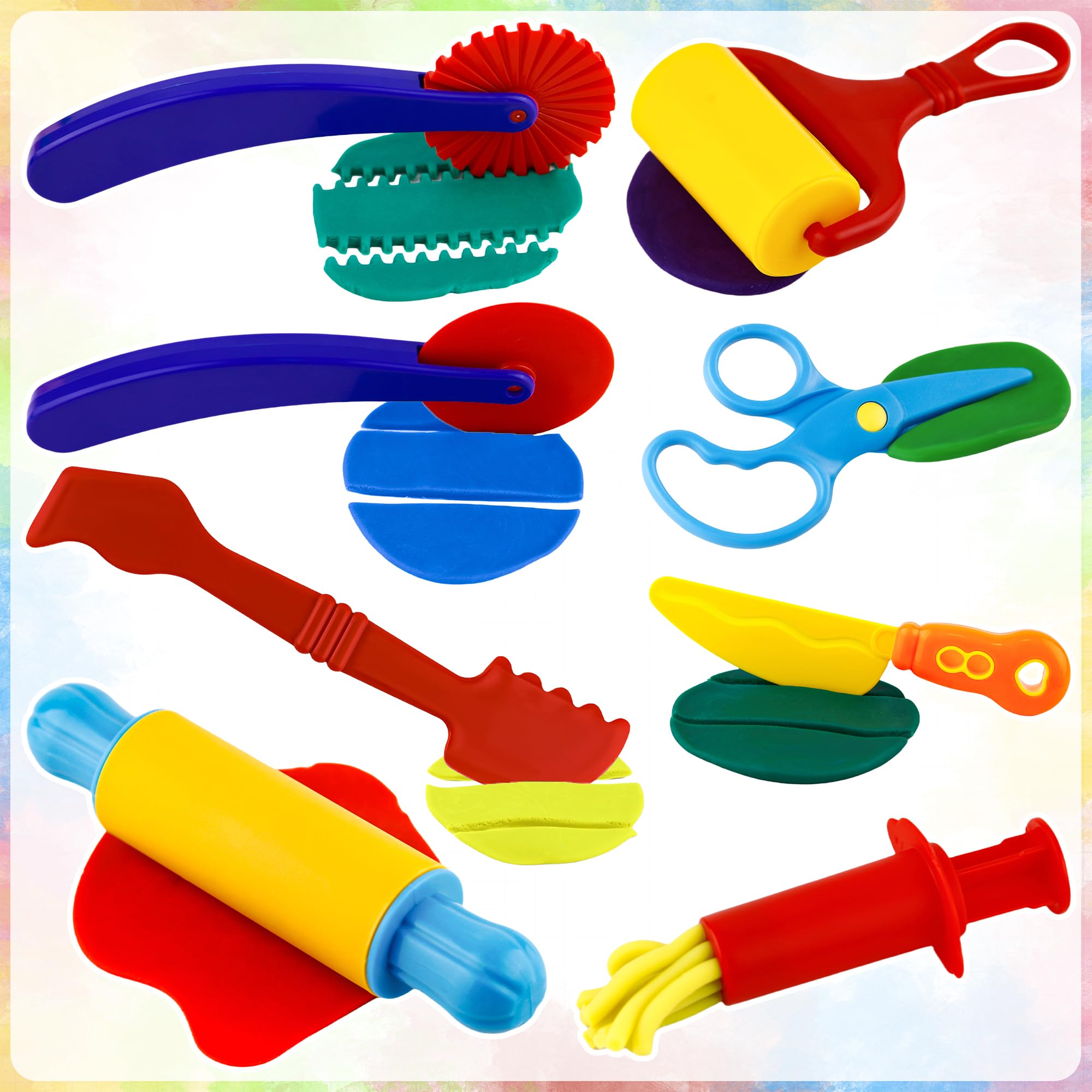 Oun Nana Playdough Tool Kit for Kids, 9 PCS Basic Playdough Starter Set, Playdough Accessories with Pizza Cutter, Safety Scissors, Rolling Pin, Roller, Dough Scraper, Dough Extruder, Plastic Knife - Image 3