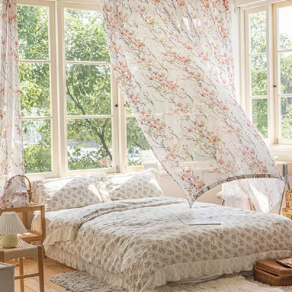 French Romantic Printed Finished Branch Sheer Curtains Voile Gauze Home Decor for Living Room Bedroom(2 Panels, W 100 x L 84 inch, Red)