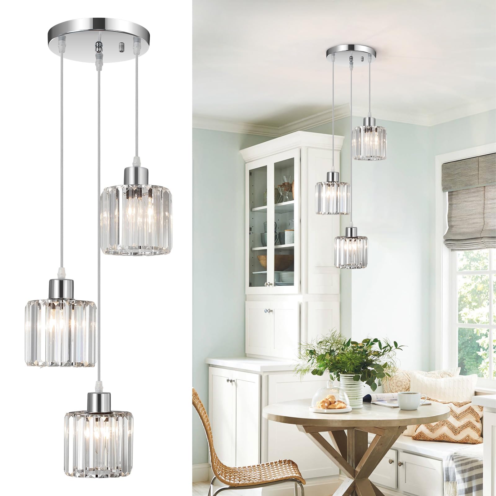 Lampadario a sospensione cristallo 3 luci,Lampadari moderni cromo,E27 Lampadario Camera da letto,regolabile in altezza,Lampada per Soggiorno,Cucina,Bagno,Corridoio,Sala da Pranzo