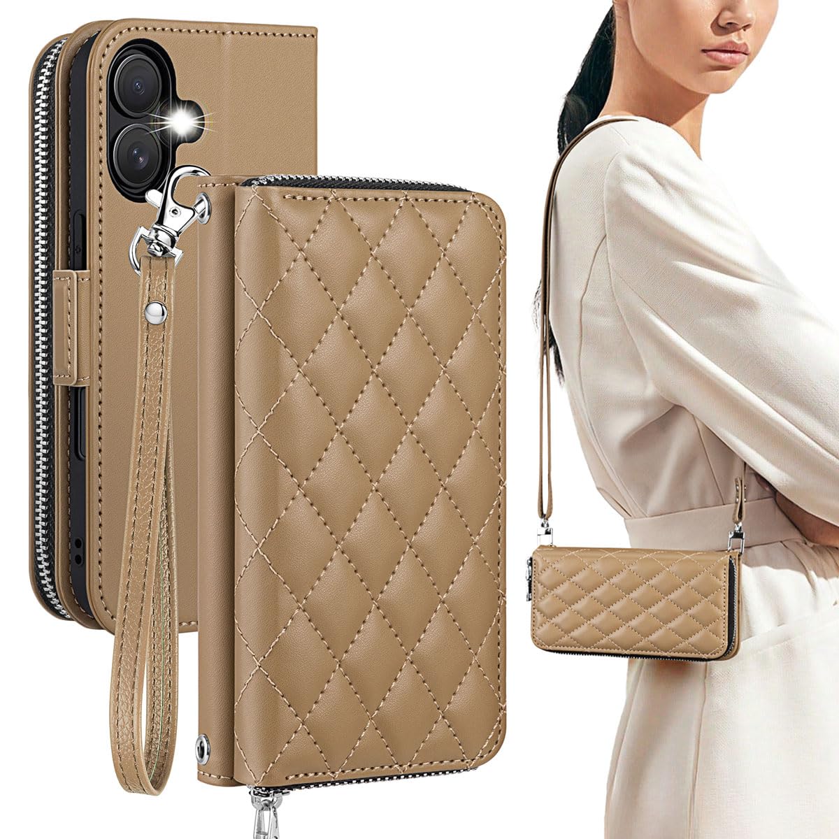 OCASE Hülle für iPhone 17, Reißverschluss Handyhülle PU Leder Klapphülle Cover Case mit 10 Kartenfächer Standfunktion Geldbörse mit Trageband Schutzhülle Argyle Khaki
