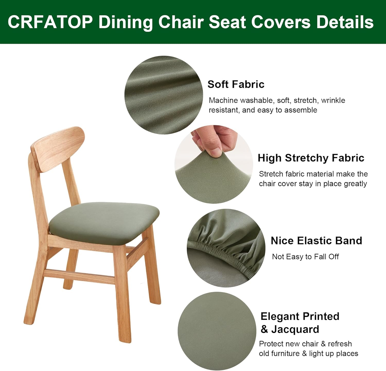 CRFATOP Waterproof Dining Chair Seat Covers Set of 4, Stretch Dining Room Cushion Covers Non-Slip Elastic Seat Cover for Dining Chairs Washable Parson Kitchen Chair Protectors,L,Green
