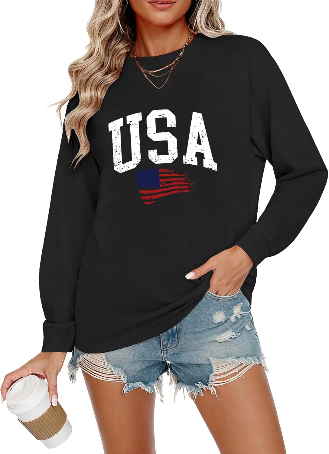 KESIHAN Women USA American Flag Shirt Long Sleeve Graphic Tees for Women Casual Crew Neck Top - Image 2