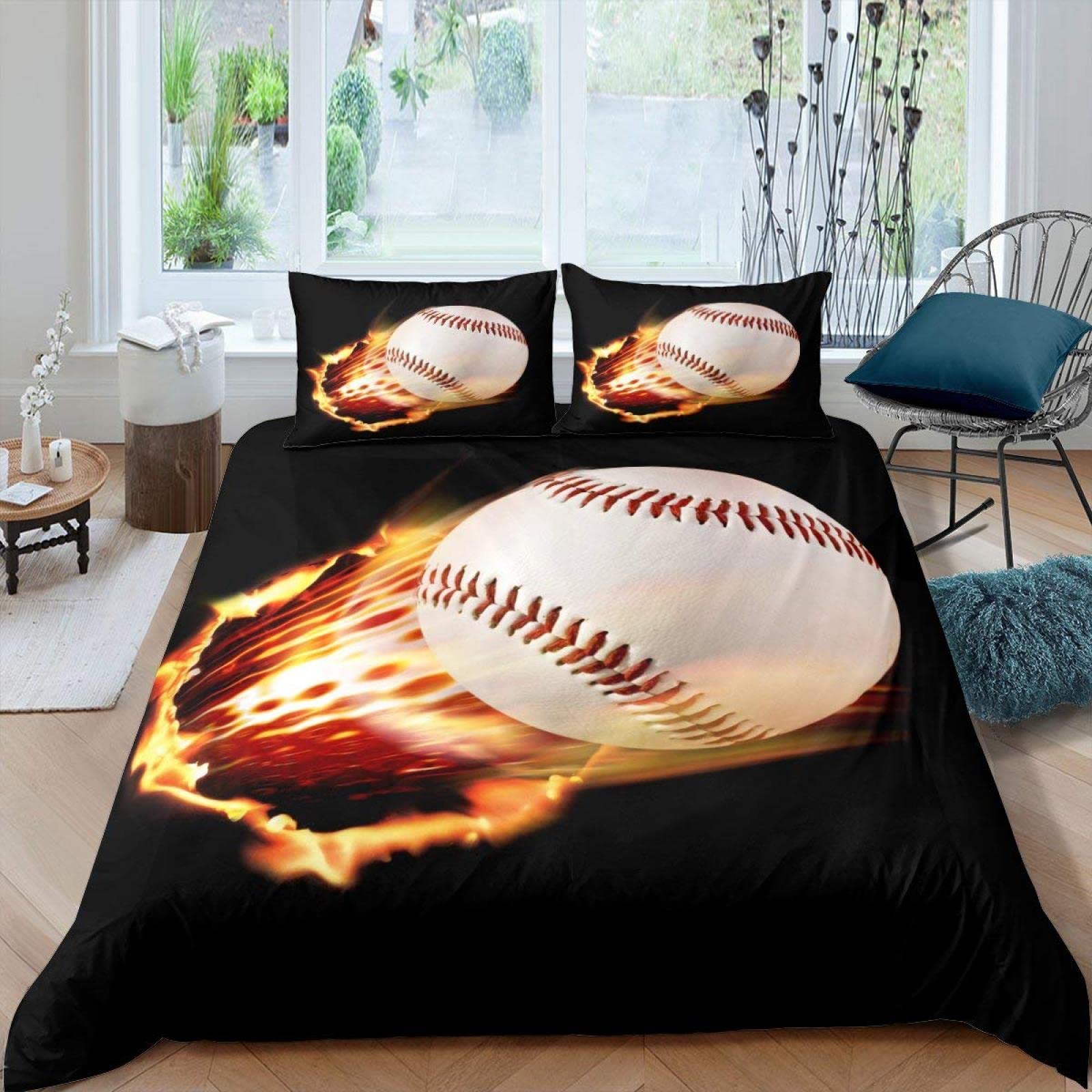 Pościel 200 x 220 cm, czarna pościel baseballowa, zestaw pościeli z zamkiem błyskawicznym, dla dorosłych i dzieci, miękka, oddychająca pościel z mikrofibry + 2 poszewki na poduszki 80 x 80 cm