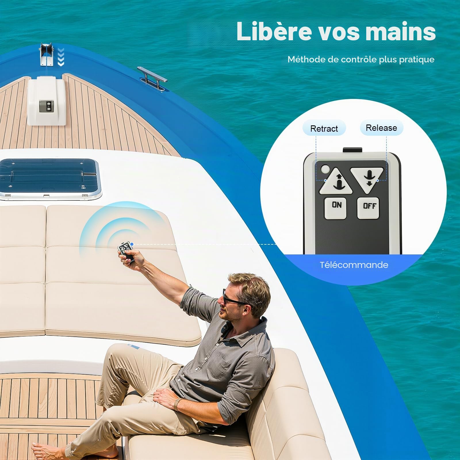 45LBS 12V Guindeau Électrique Ancre Eau Salée Ancre Treuil avec Télécommande Sans Fil Marine Guindeau