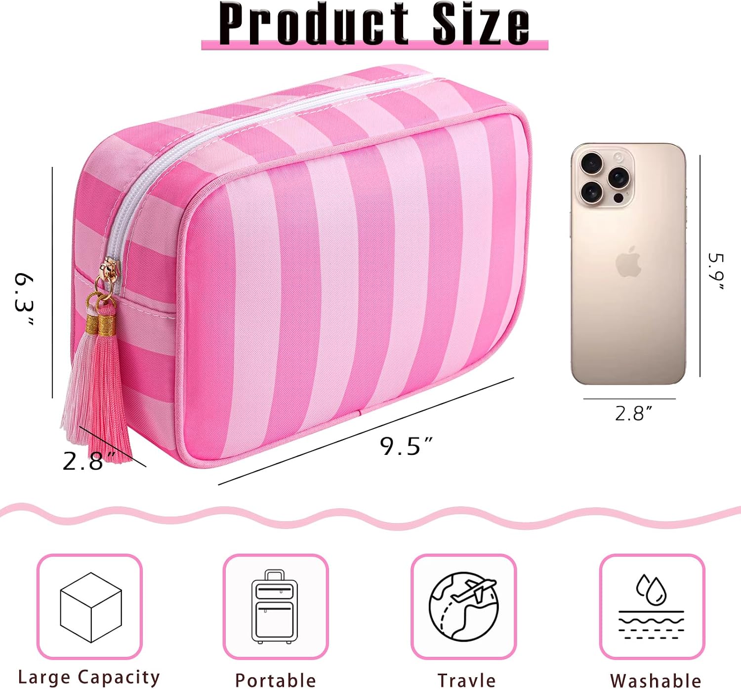 RSRSLEII Large Striped Zipper Makeup Bag, Aesthetic Tassel Travel Cosmetic Bag, Coquette Toiletry Bag, Cute Girls Handbags Purses, Preppy Accessories Storage Bag for Women Girls (06 Rose Red&Pink)