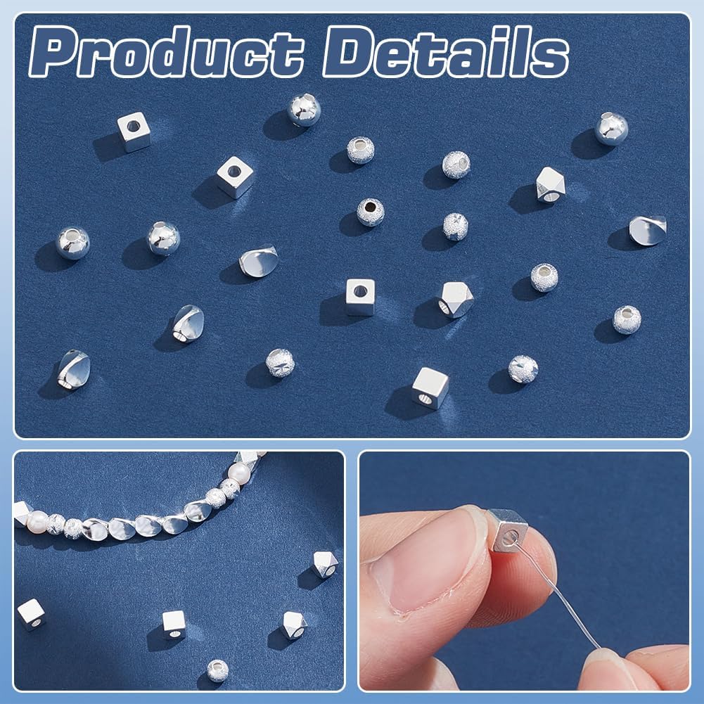 CRAFTYMELODY 60Pcs 925 Sterling Silver Spacer Beads 5 Style Metal Brass Faceted Spacer Round Cube Triangle Loose Bead for Jewelry Findings Making Accessory Supplies DIY Craft Bracelets Necklace - Image 3
