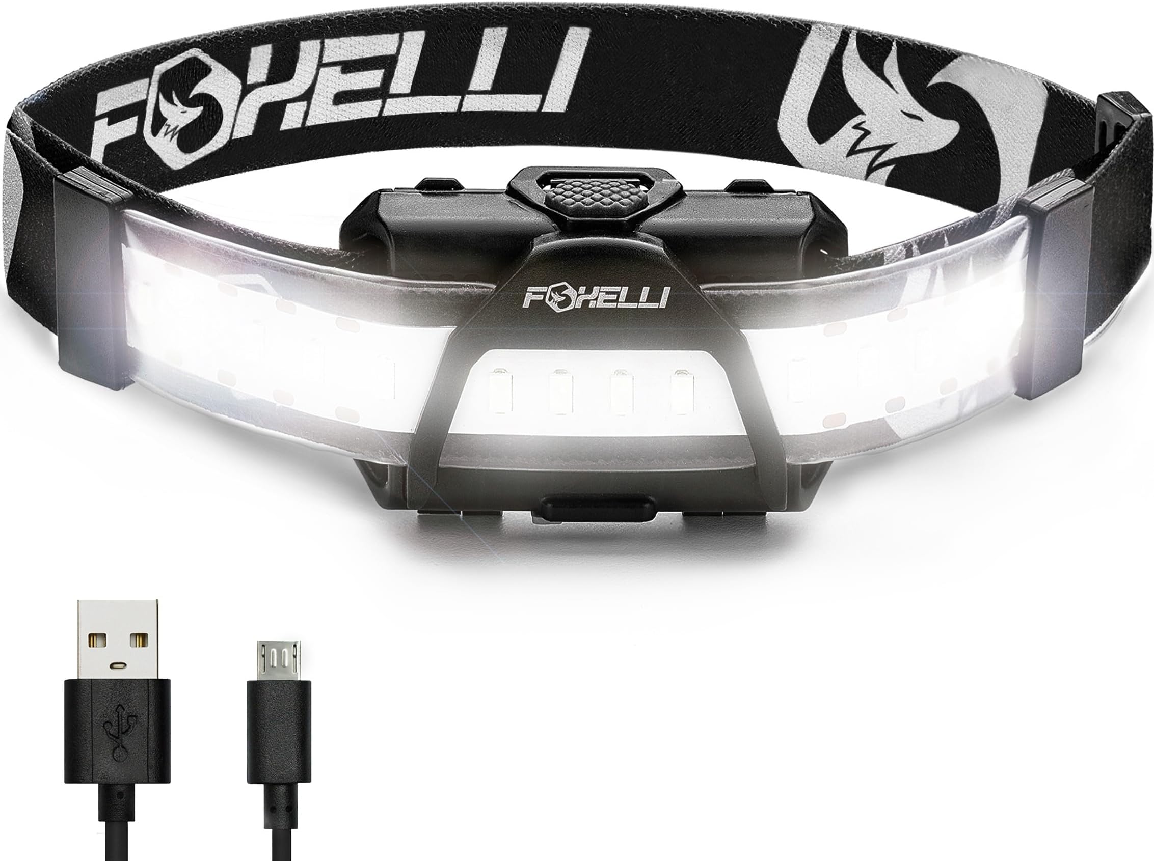 Foxelli Wide Beam Headlamp – USB Rechargeable LED Head lamp Flashlight, Ultra Bright 210° Illumination, Low Profile, 14 LEDs, Waterproof, Lightweight & Comfortable Headlight
