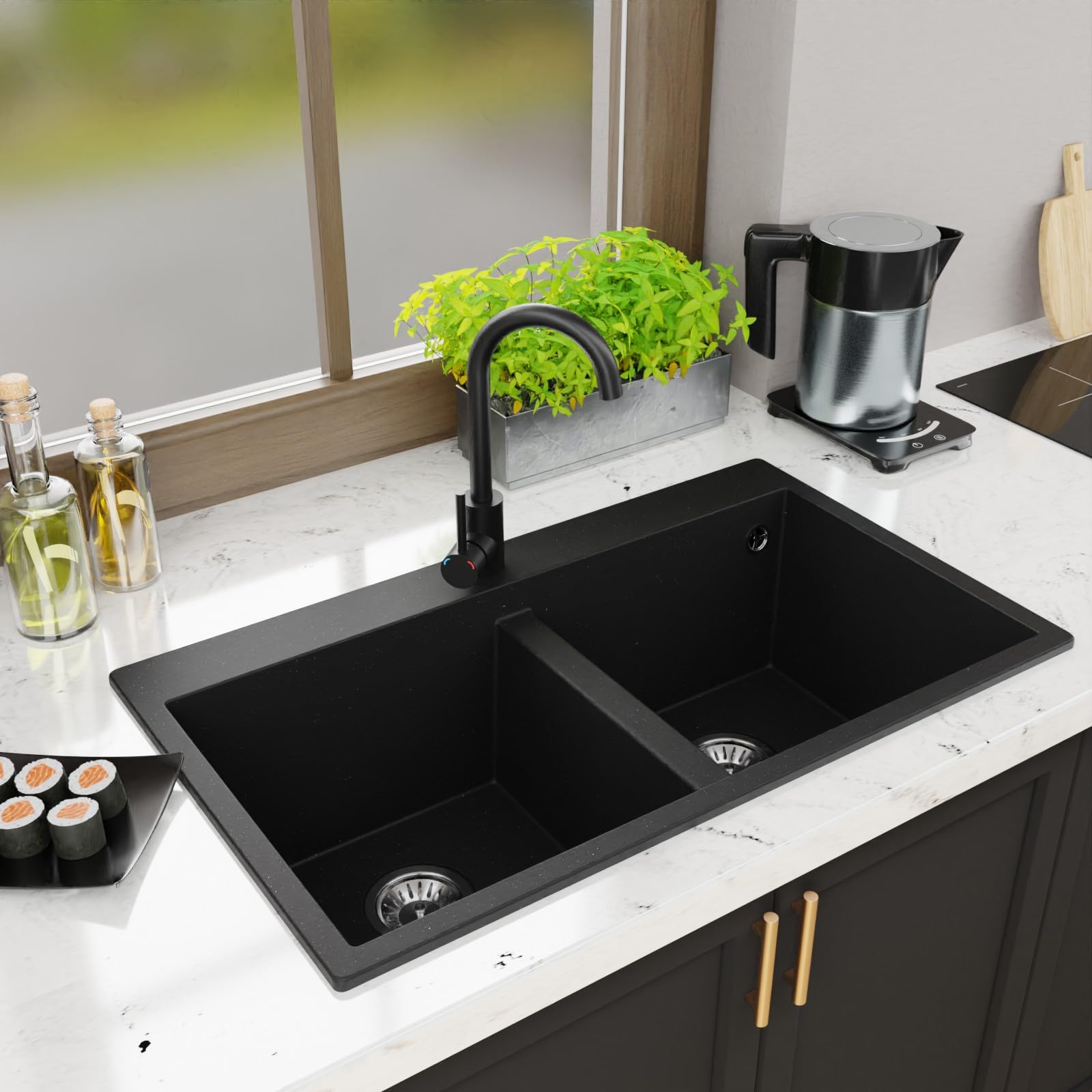 Lavello Elle 2.0 Évier de cuisine en granit double évier encastrable avec siphon Noir graphite