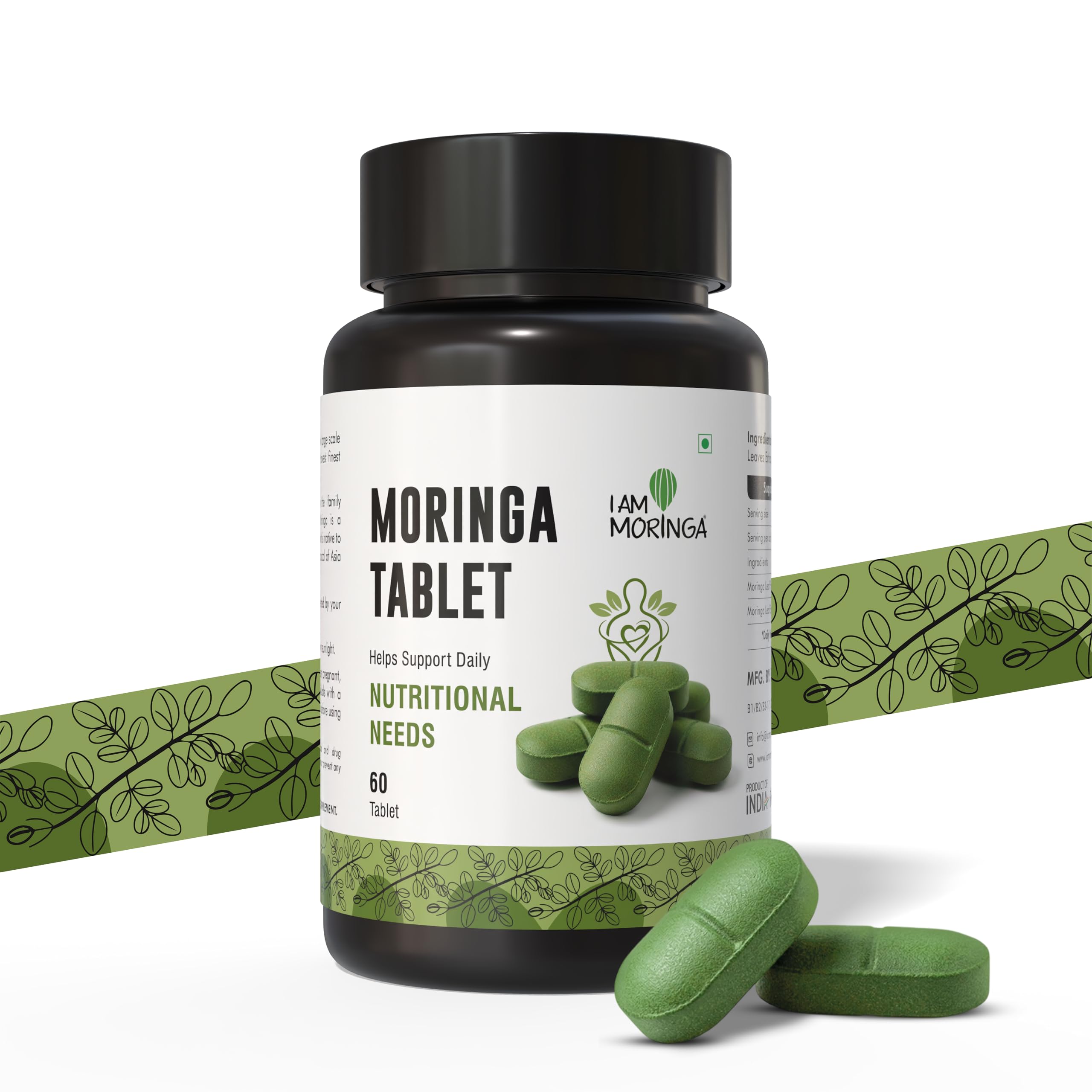 Pure Moringa Tablets 60 Tabs 500 mg, Drumstick Leaves Extract Rich in Nutrients & Antioxidants Non-GMO, Gluten-Free Convenient Superfood Supplement