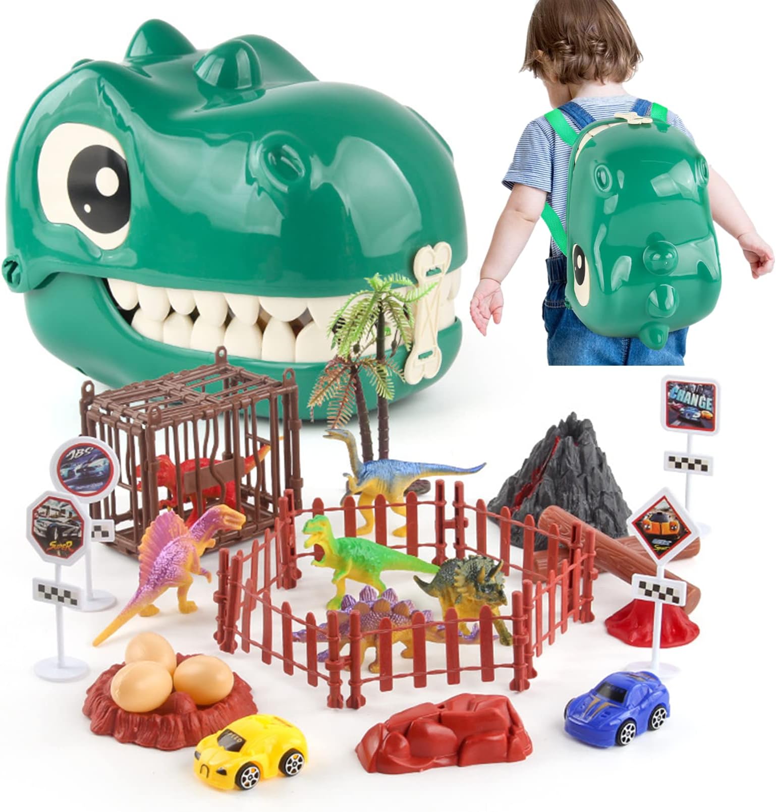 AM ANNA Dinosaur Toys with Storage Backpack, 30 Pcs Realistic Dinosaurs Trees Volcano to Create a Dino World Party, Dinosaur Backpack Dino Toy Gift Kit for Kids 3-5 Boys Girls