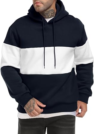 Mens Color Block Hoodies Long Sleeve Hooded Sweatshirt Pullover