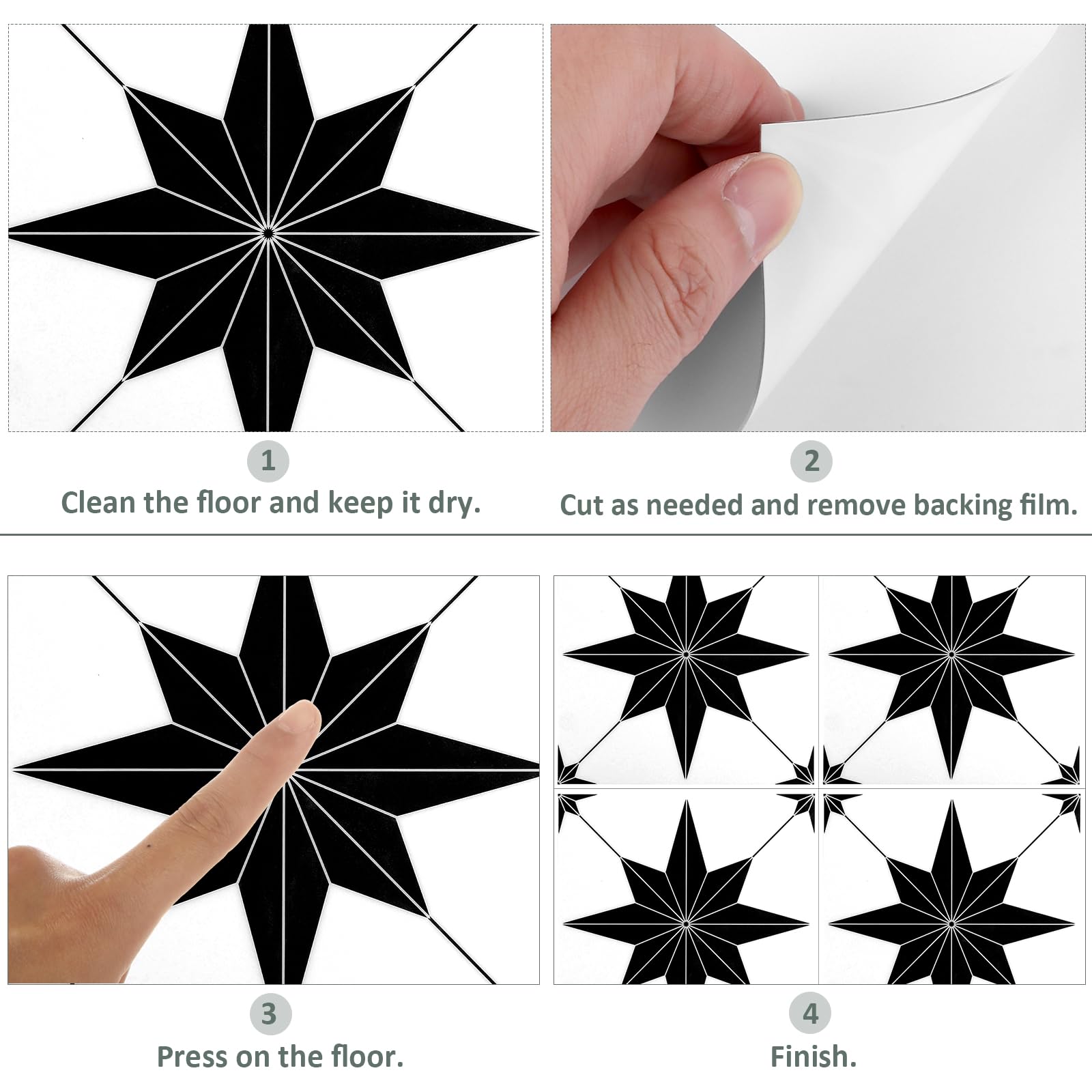 CYEER 20er Set Vinylboden Selbstklebend – 30x30 cm PVC Bodenfliesen (1,8 m²) – Schwarzes Sternmuster mit weißen Linien auf Weiß Wasserfester Bodenbelag für Küche & Bad – Mietwohnung Freundlich