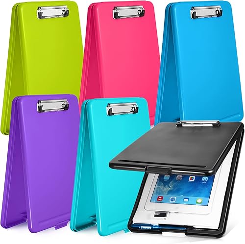 Portapapeles de 6 piezas con almacenamiento, 9.5 x 13.5 pulgadas, portapapeles de almacenamiento de plástico resistente, tablero de clip plegable de