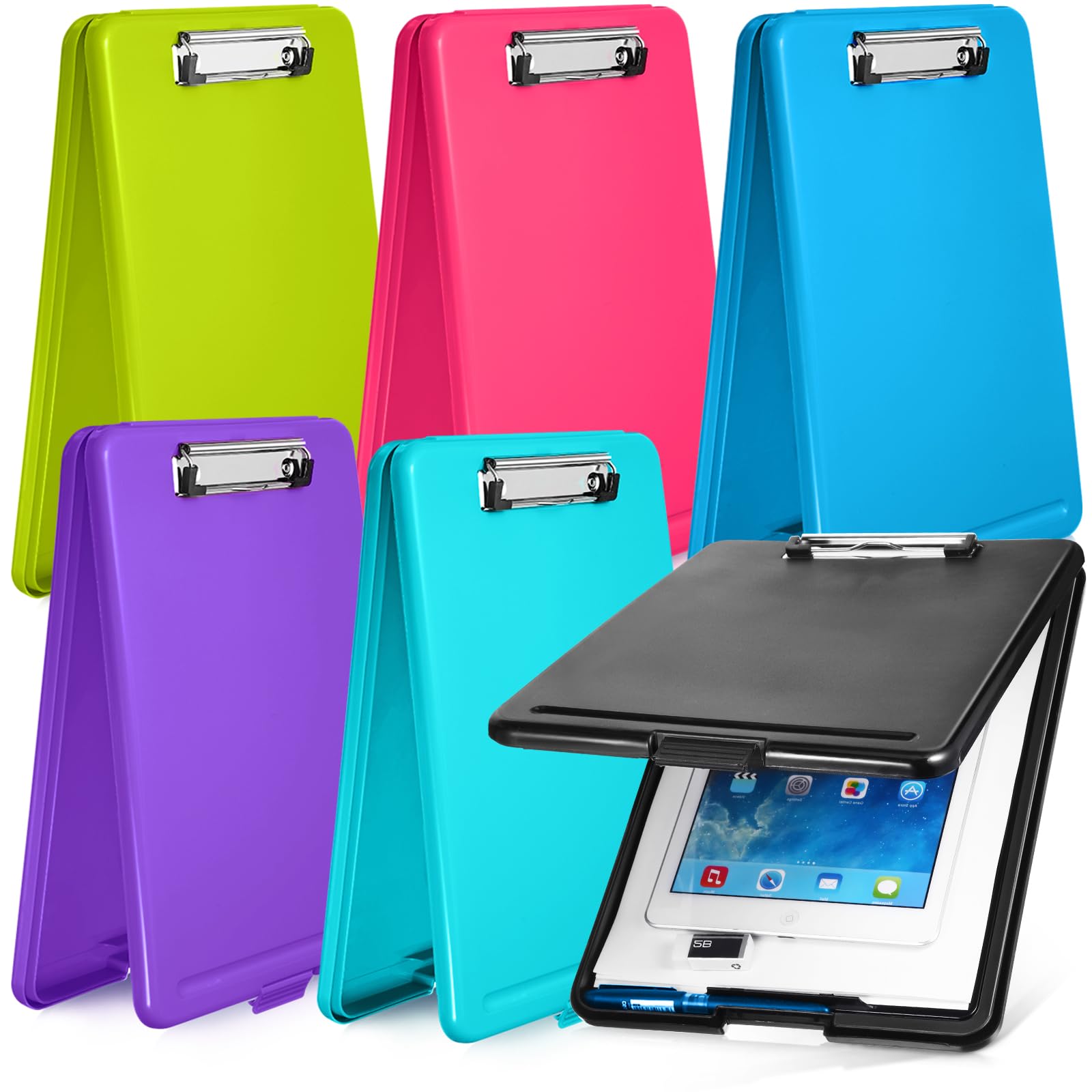 6 Pieces Clipboard with Storage, 9.5 x 13.5 Heavy Duty Plastic Storage Clipboard, Nursing Foldable Clip Board with Compartment and Metal Clip for