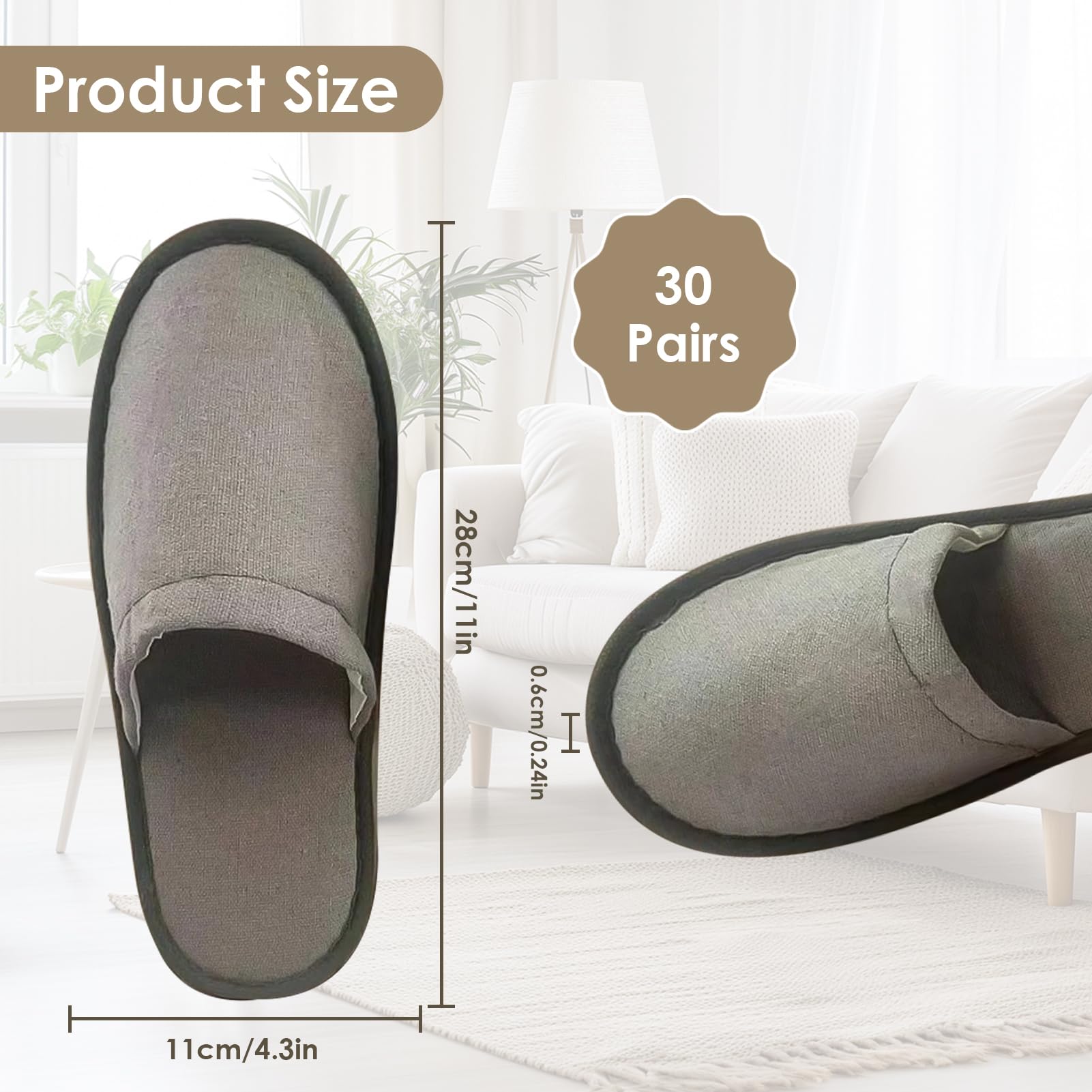 Buachois 30 Pares de Zapatillas de Hotel Desechables para Invitados, Zapatillas de Spa Antideslizantes Zapatillas a Granel para Viajes en Casa Zapatillas Suaves con Punta Cerrada para