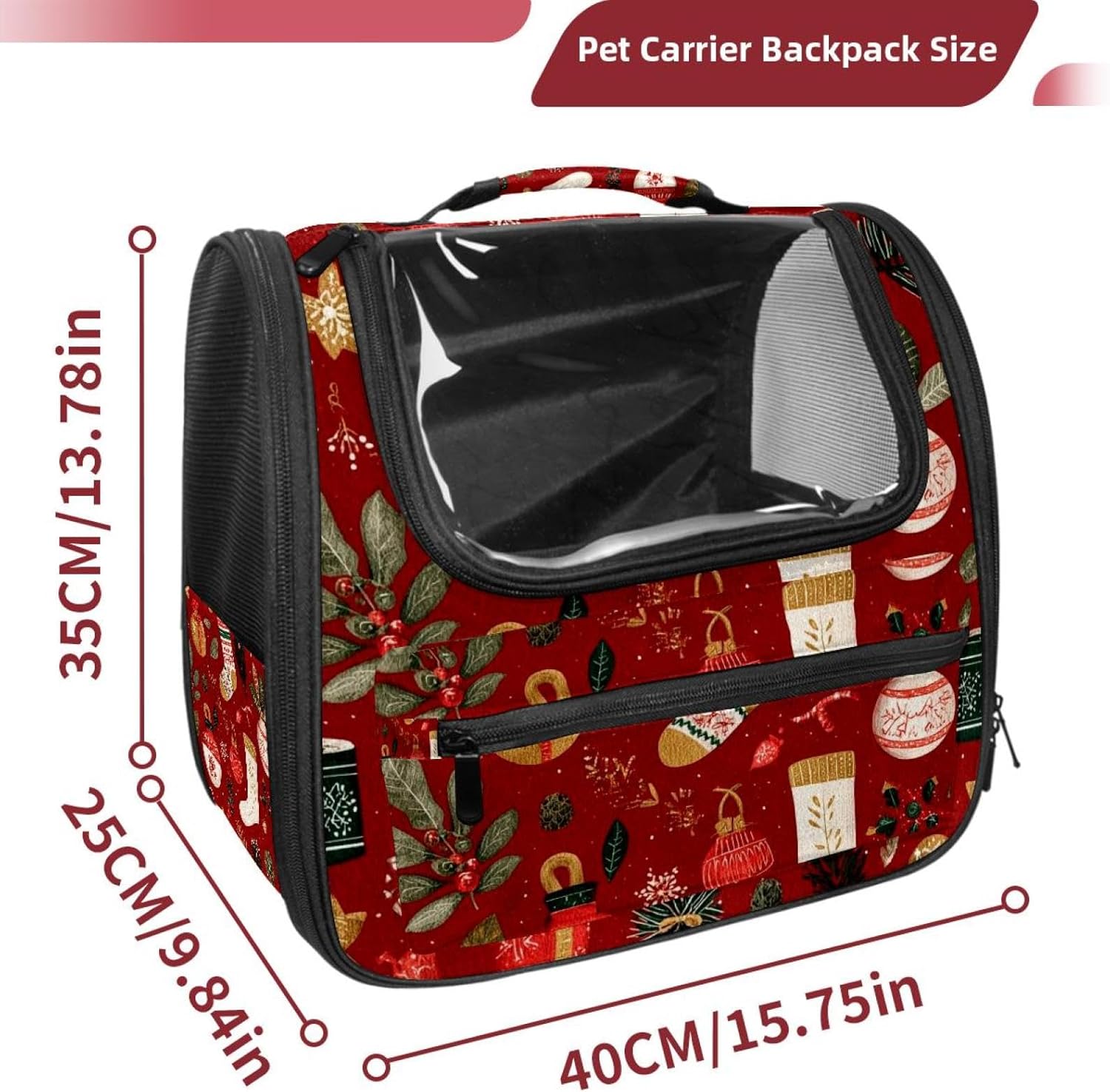 Portable Travel pet Backpack Carrier Hamster Bag Small Dog cat Carrier Breathable Hang Bag, Christmas Ho Red Pattern (1)