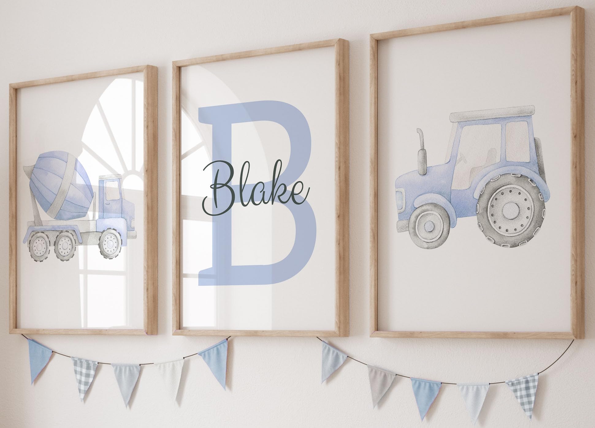 Eviepops Prints Construction Tractor Digger Truck Vehicles Set Of 3 Unframed Poster Prints for Nursery Bedroom, Personalised Name, Yellow Blue Green Red, Baby Toddler Gift Present (A5)