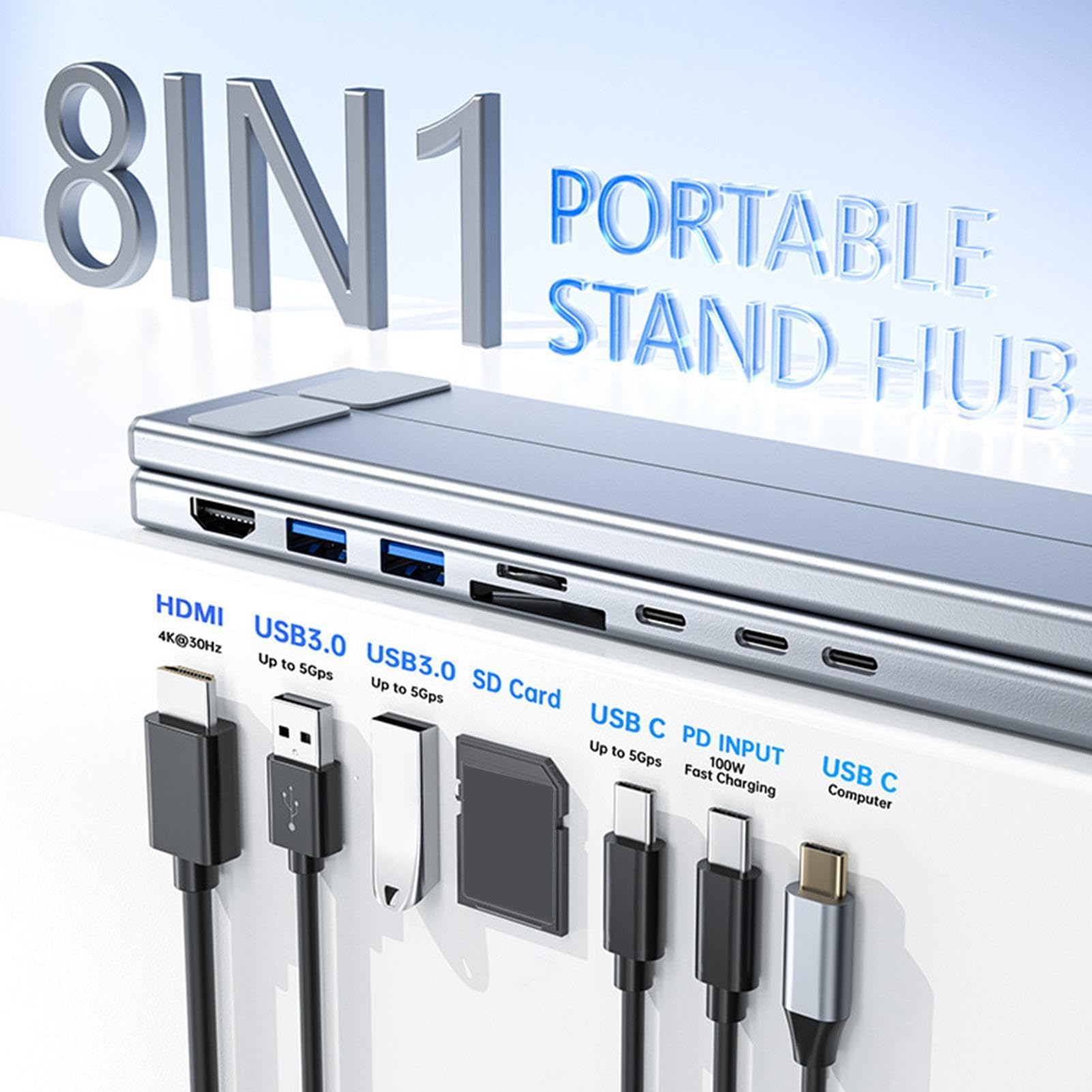 Supporto Portatile per Notebook con Docking Station Hub 8 in 1 Porta | Trasferimento Dati a 5 Gbps, Supporto Pieghevole per Computer Portatile con Porte USB per Scrivania, Casa, Lavoro