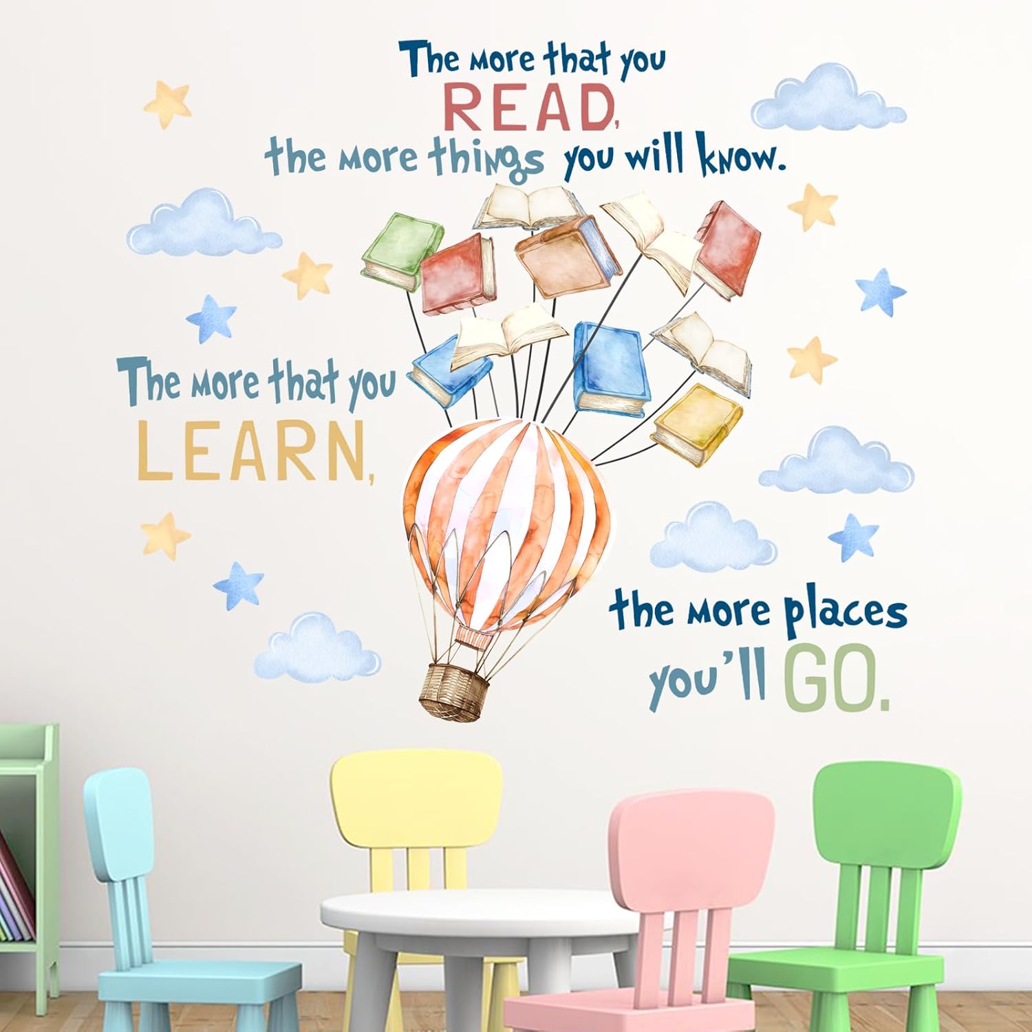Mfault Reading Book Nook Hot Air Balloon Wall Decals Stickers, Cloud Star Library Nursery Reading Corner Decoration Kid Bedroom Art, Motivational School Classroom Playroom Study Home Decor