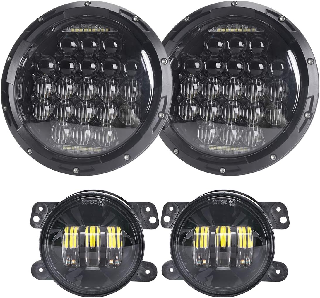 130w 7 inch LED Headlights + 4" LED Fog Lights Compatible with Jeep Wrangler 97-2018 JK TJ LJ