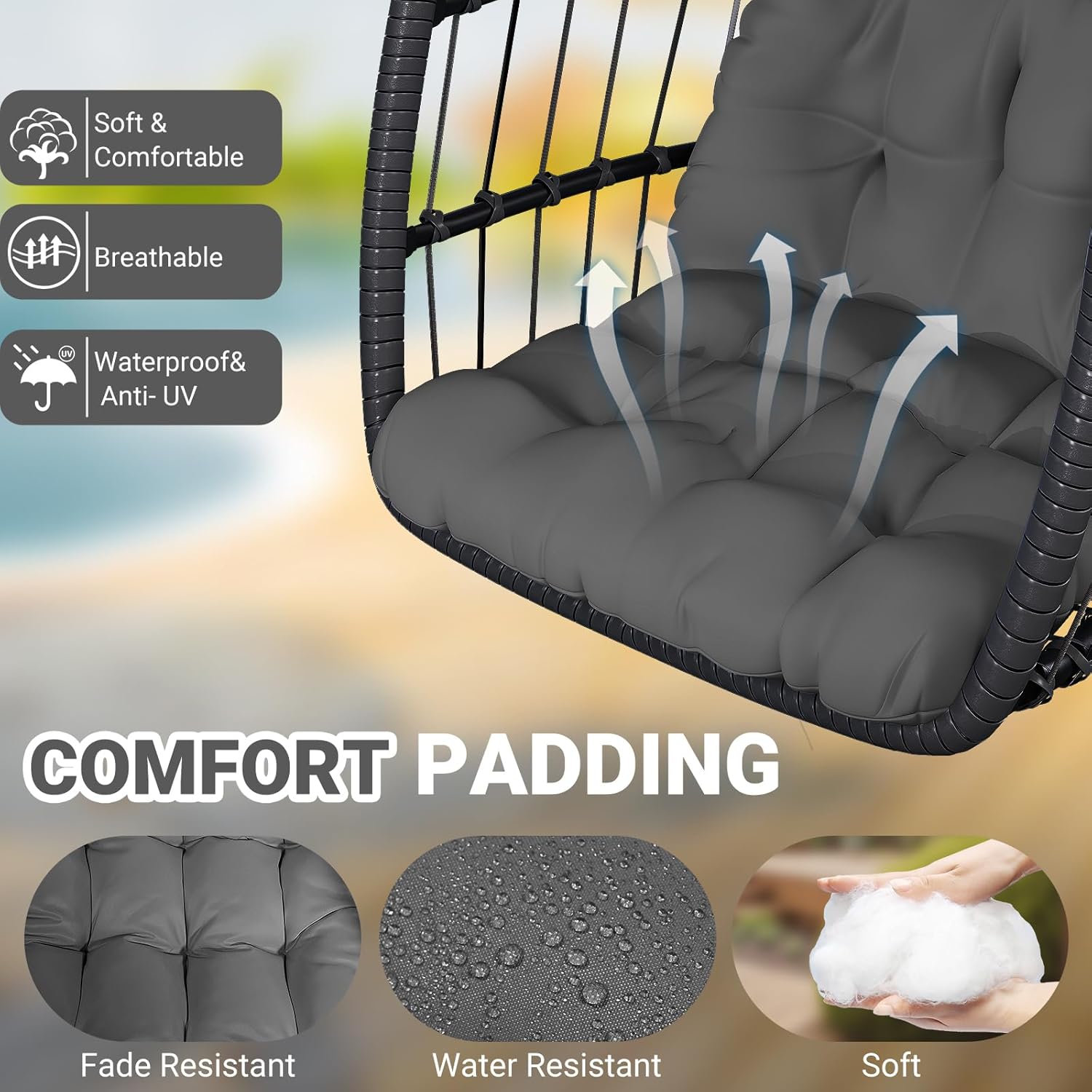 CHABATREE Egg Chair with Stand,Patio Rattan Wicker Hanging Swing Egg Chair Hammock Chair for Bedroom Porch Garden,Thickened Aluminum Alloy Steel Frame and UV Resistant Cushion,350LBS Capacity 1