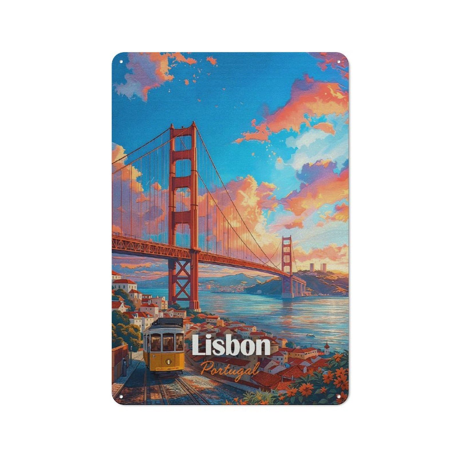 Junmoney Style-14 Lisbon Portugal Tram And Bridge Printed Metal Sign 30X20cm For Garage Wall, For Collectors Of Vintage Metal Wall Decor