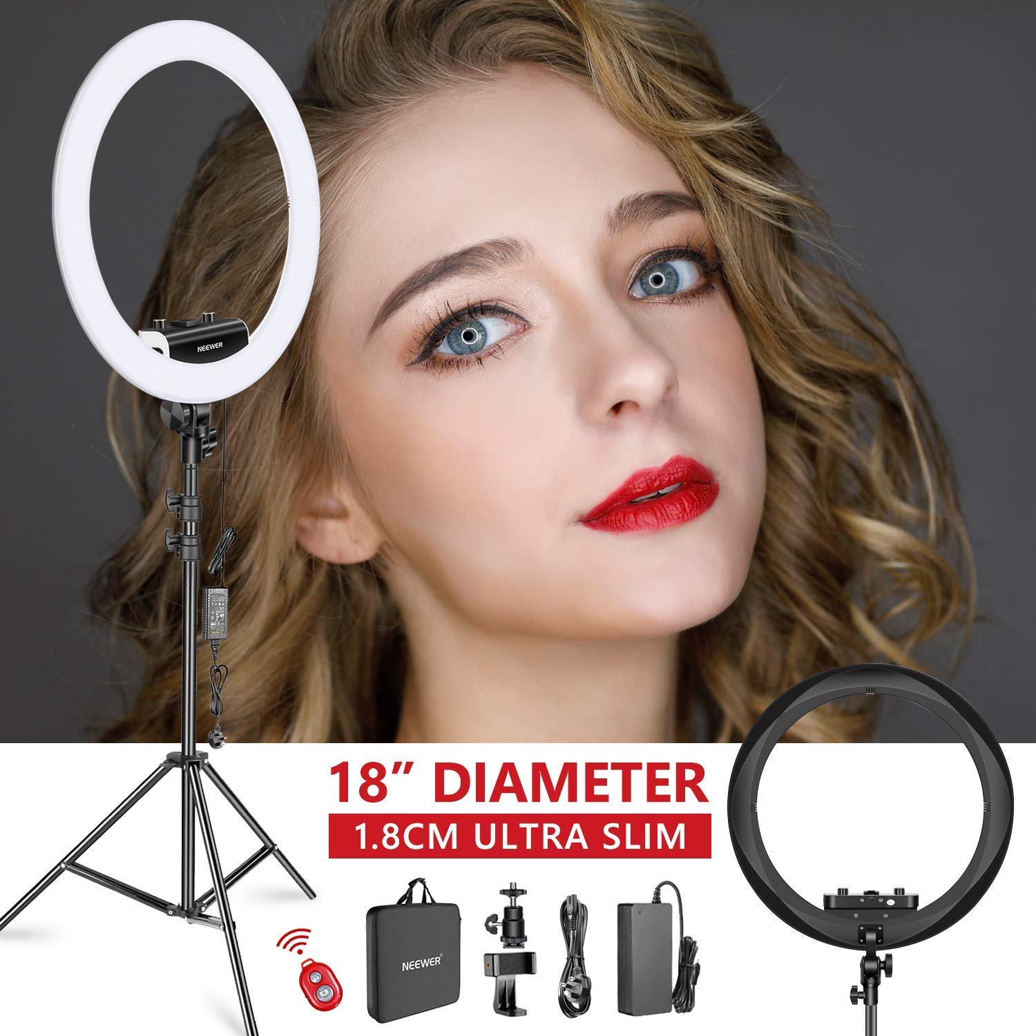 Phone Holder Case Neewer Ring Light Kit [Upgraded Version-1.8cm Ultra Slim]-18 inches,3200-5600K,Dimmable LED Ring Light with Light Stand, Phone Clip,Hot Shoe Adapter for Portrait Makeup Video Shootin