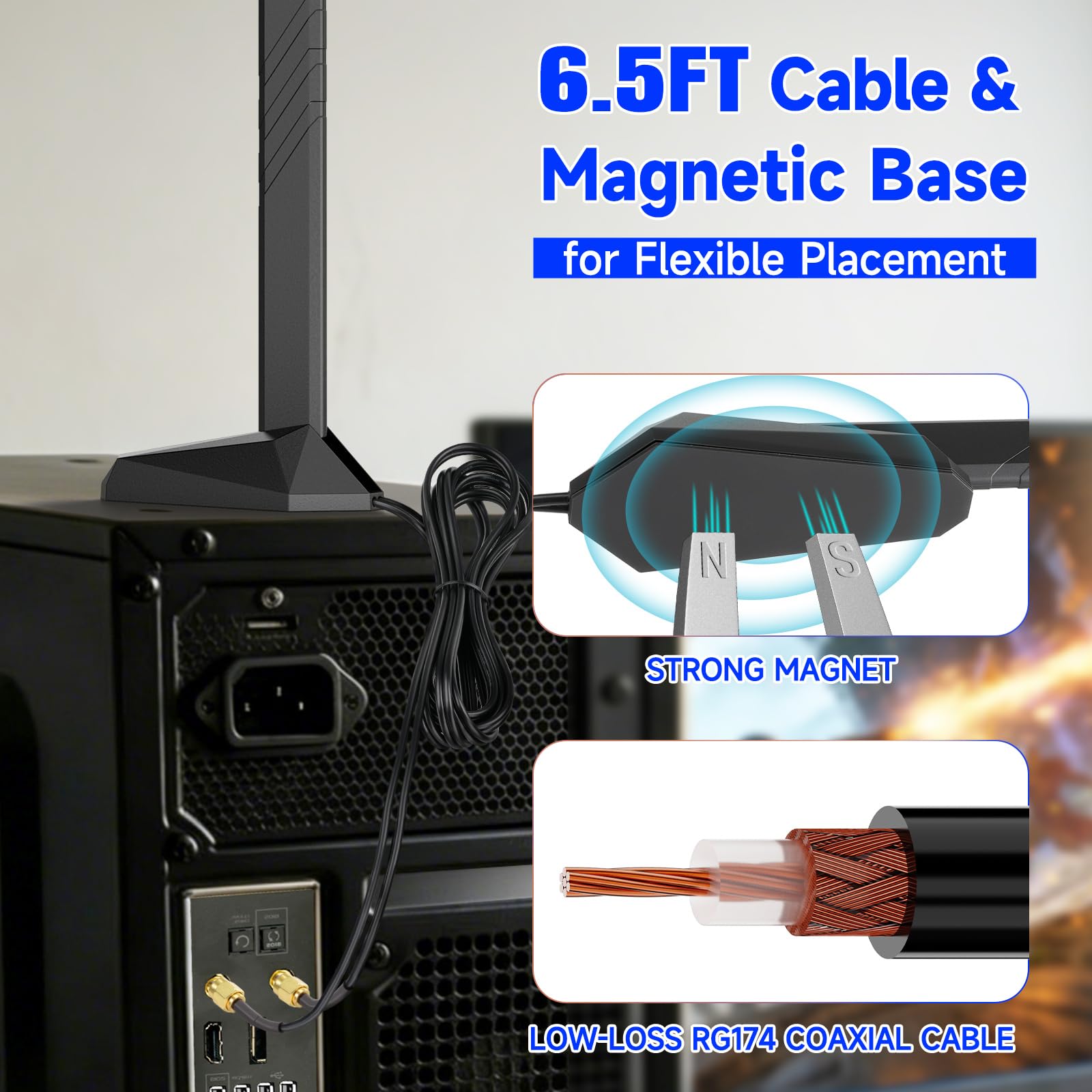 Eightwood Antenne WiFi 7 2,4 GHz 5 GHz 6 GHz WLAN 6E Antenne Tri-Bande WiFi Base magnétique avec câble d'extension de 2 m pour Bluetooth PC Carte mère WLAN Cartes PCI Carte WiFi Routeur