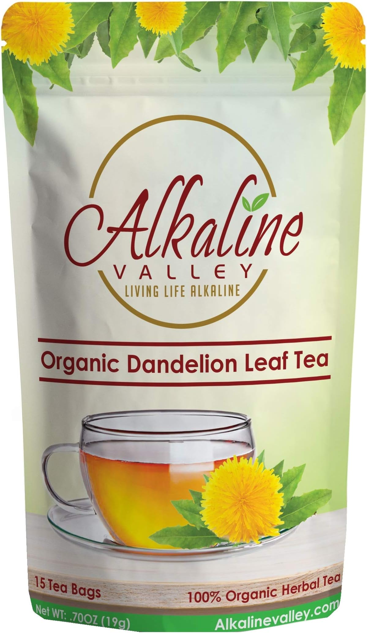 Dandelion Leaf Tea or Diente De Leon - 100% Organic and Alkaline - 15 Unbleached/Chemical-Free Dandelion Tea Bags - Caffeine-Free, No GMO