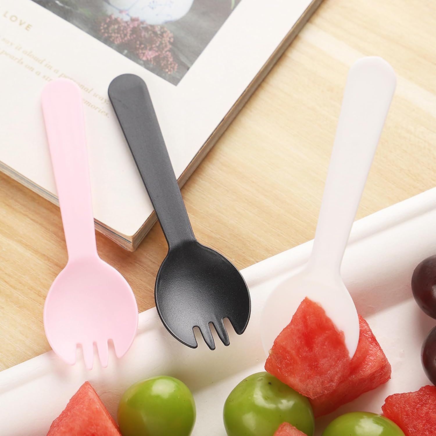 100PCS Disposable Sporks, Plastic Sporks, Individually Wrapped Spork 2 in 1 Forks and Spoons Great for Lunch, Picnics or Restaurant and Party Supply (White)
