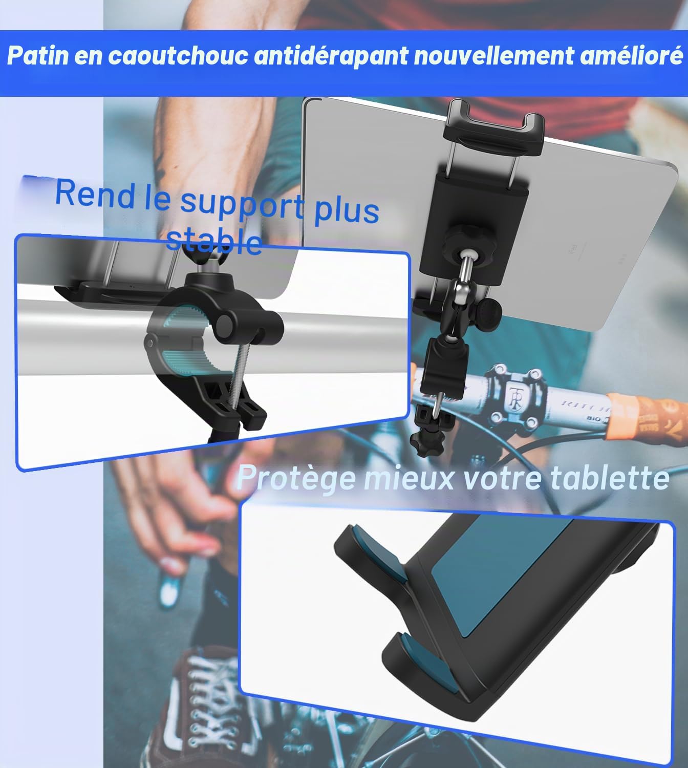 Support de tablette de vélo, support de tablette de vélo super stable avec bras en métal, support de téléphone de scooter réglable à 360 degrés pour iPad Pro Air Mini, iPhone, Galaxy
