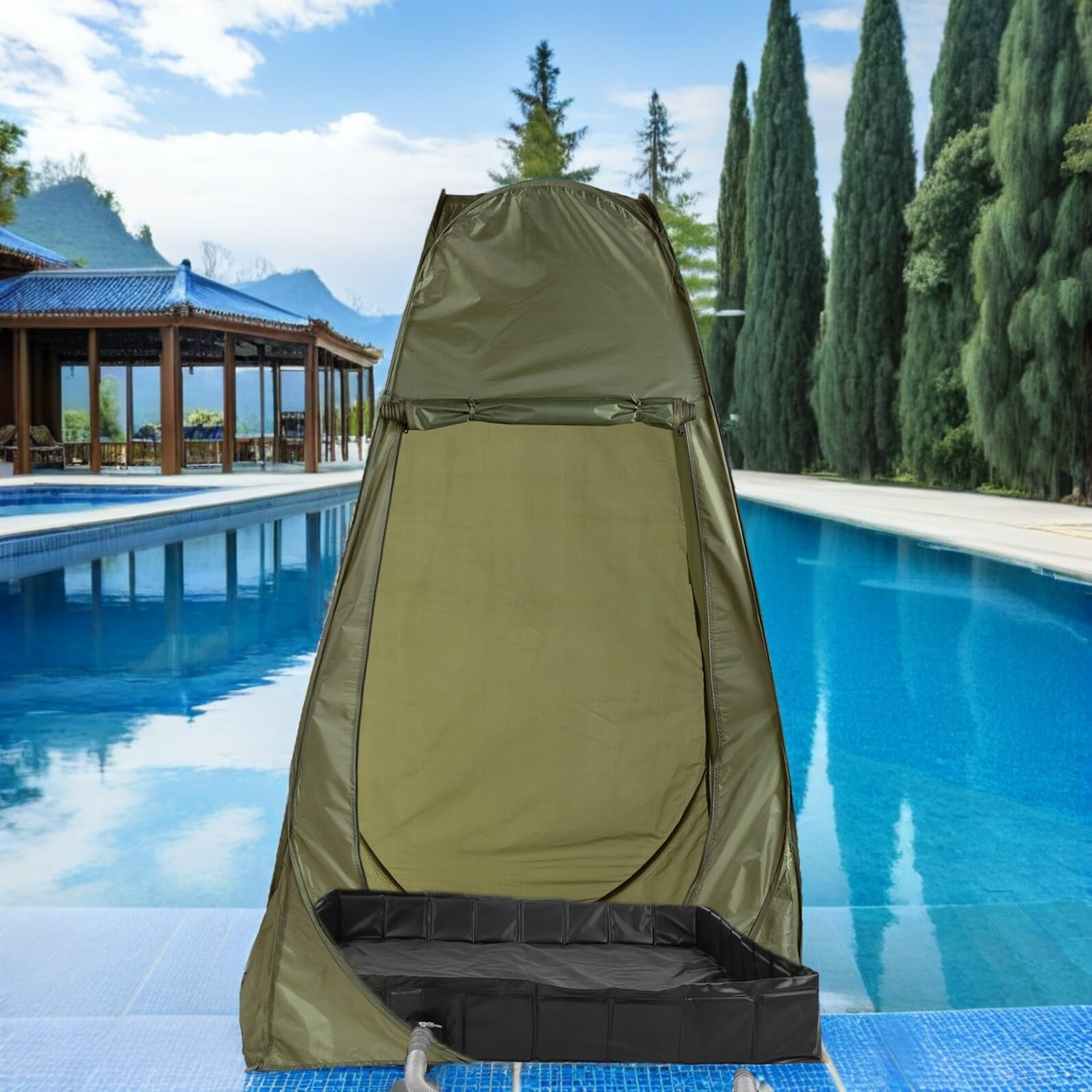Operitacx Base de Ducha Provisional Plegable Cuadrada con Desagüe | Pvc y Pp, Negro, para Pies, Uso en Hiking y Bases Temporales, Incluye Tubo Extraíble