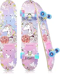 Skates padrão com rodas coloridas piscando para iniciantes, crianças, adolescentes, skate completo de bordo de 7 camadas para meninas e meninos, 78,7 cm x 19,8 cm, skate infantil côncavo com