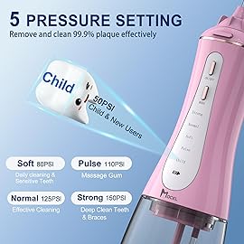 MOCEL Water Dental Flosser for Teeth - 350ML Large Tank 5 Modes & 6 Tips Cordless, Oral Irrigator Waterproof, Portable Teeth Cleaning and Flossing with Effective Plaque Remover for Adults (Pink)