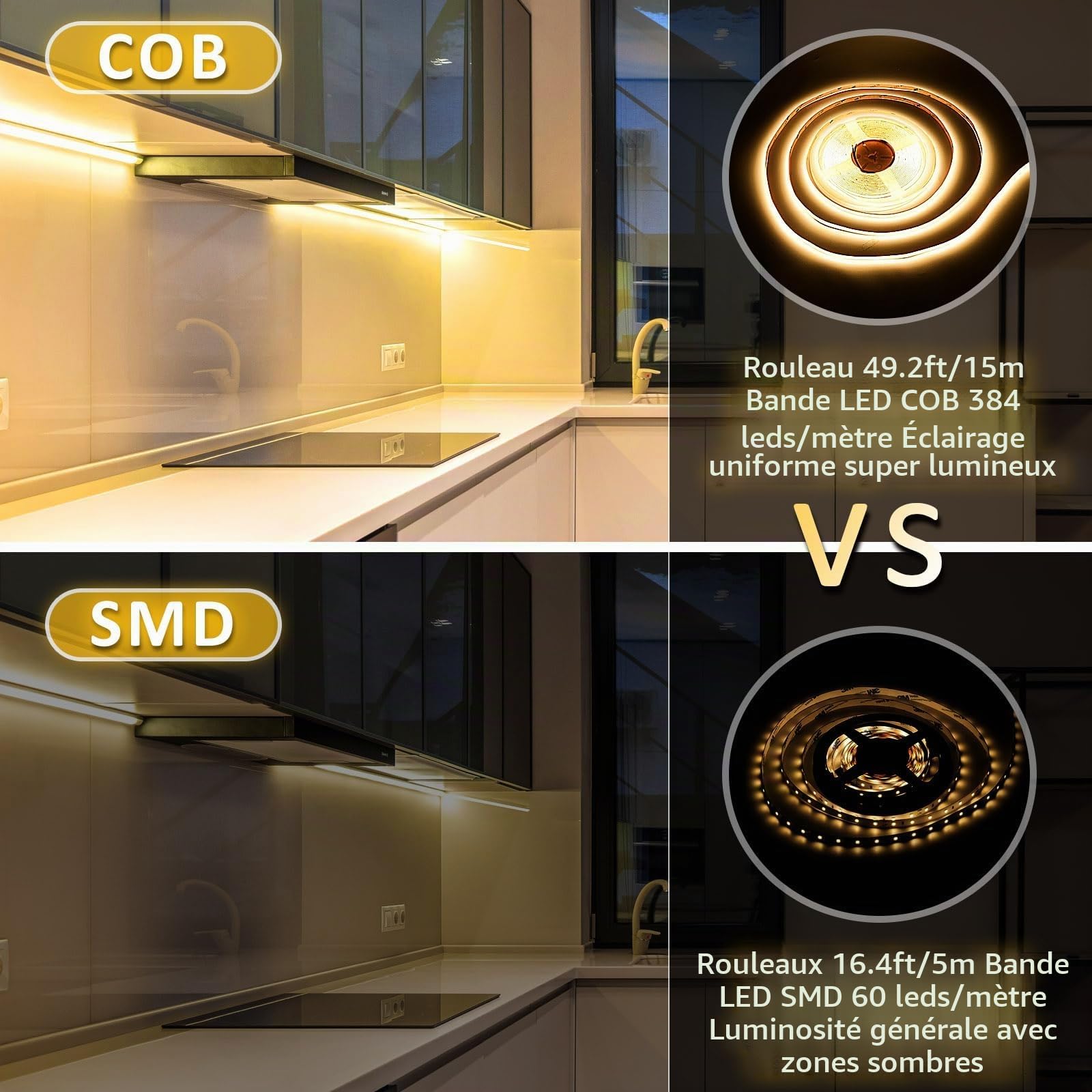 Ruban LED COB 3000K, 15M DC24V Bande LED Blanc Chaud avec Alimentation, 384LEDs/M, CRI 90+, Largeur 10mm, Bande Lumineuse COB Dimmable pour Chambre, Décoration de la Maison