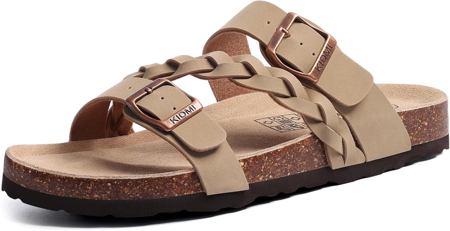 KIDMI Women's Cork Footbed Sandals with Arch Support Comfortable Slip-On Slide Sandals With Adjustable Buckle for Summer