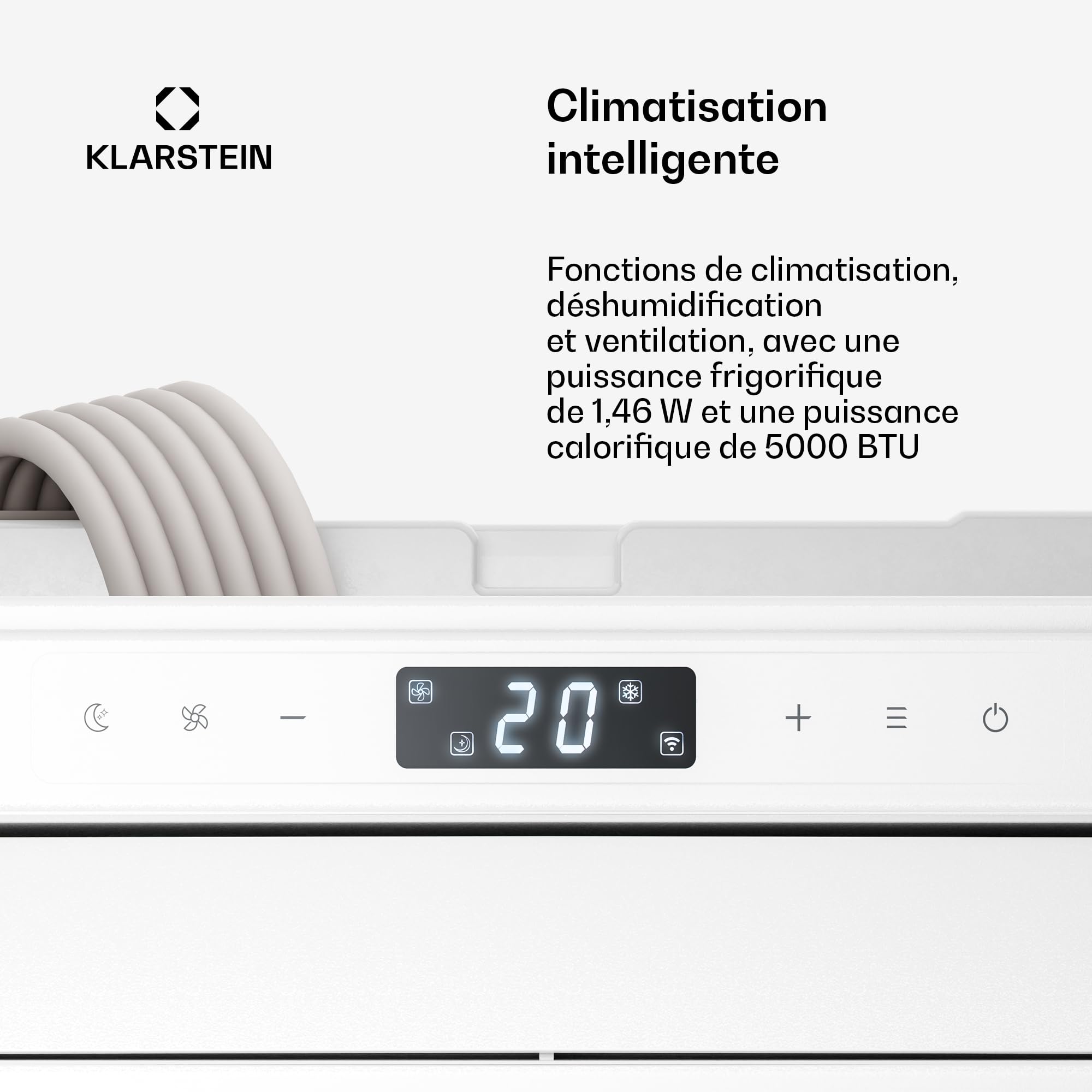 Klarstein Chillavan Climatiseur Mobile – 5,000 BTU, Pour Pièces Jusqu'à 20 m², 3-en-1 Refroidissement, Déshumidificateur & Ventilateur, Classe Énergétique A, Commande App & LED, Silencieux 53 dB