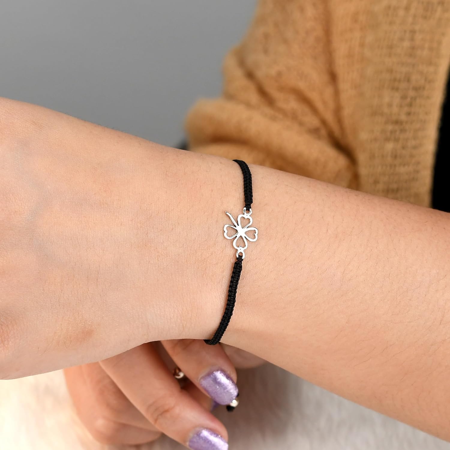 AeraVida Lucky Four-Leaf Clover .925 Sterling Silver Charm on Black Adjustable Bracelet | Cute Sterling Silver Bangle Bracelet | Trendy Bangle Bracelets for Women | Sterling Silver Bracelets | Jewelry - Image 6