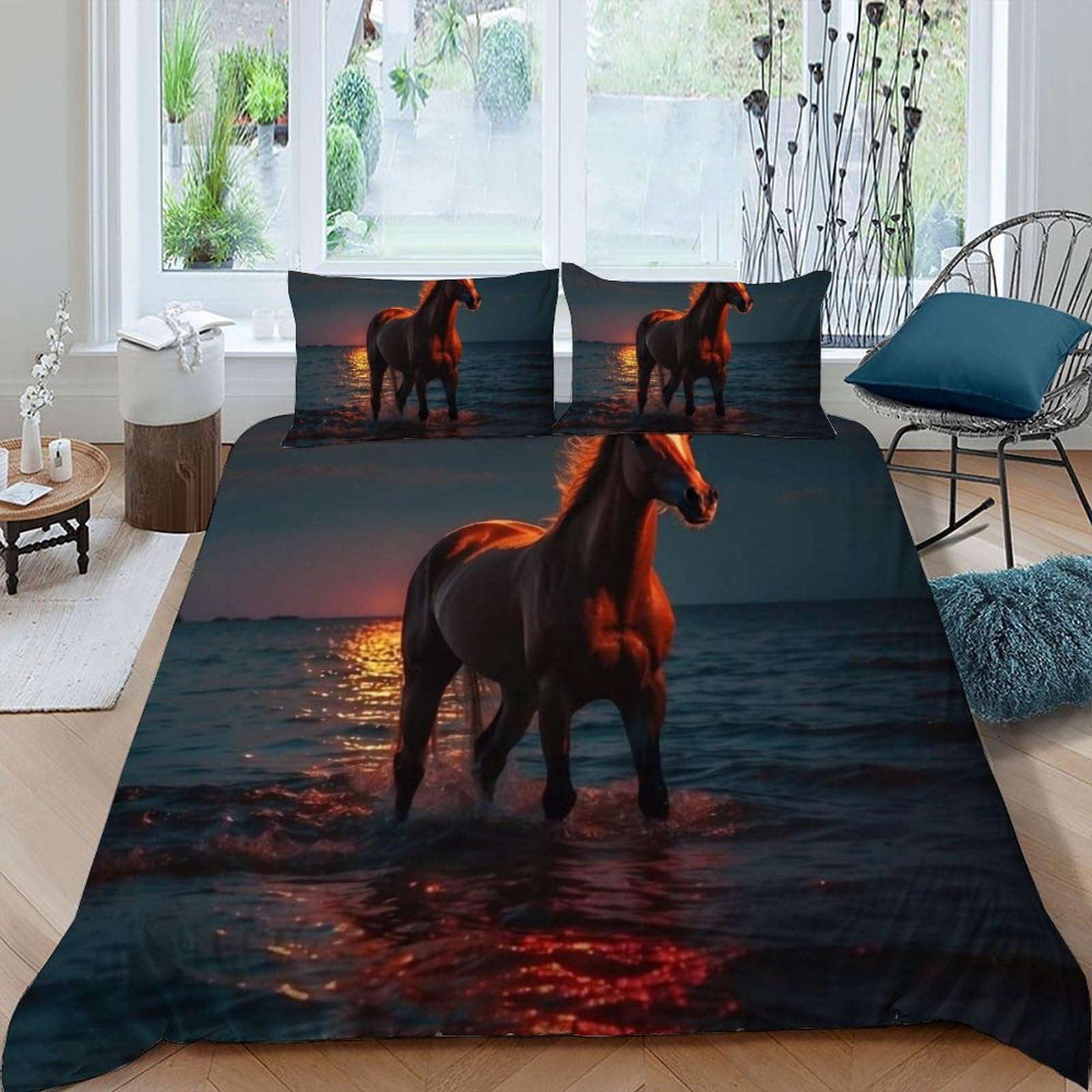 Housse de couette cheval grand lit facile à laver sans repassage