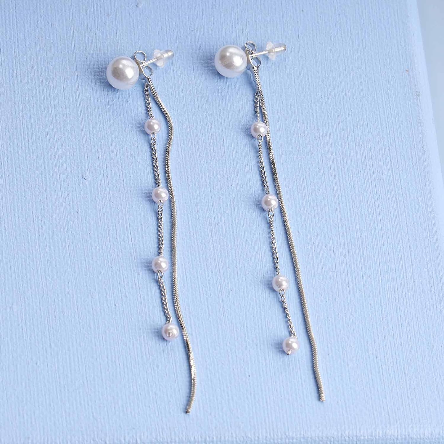 Andelaisi Boho Pearl Drop Earrings Silver Long Pearl Tassel Earrings Vintage Pearl Chain Earrings Tiny Pearl Dangle Earrings Jewelry for Women - Image 8