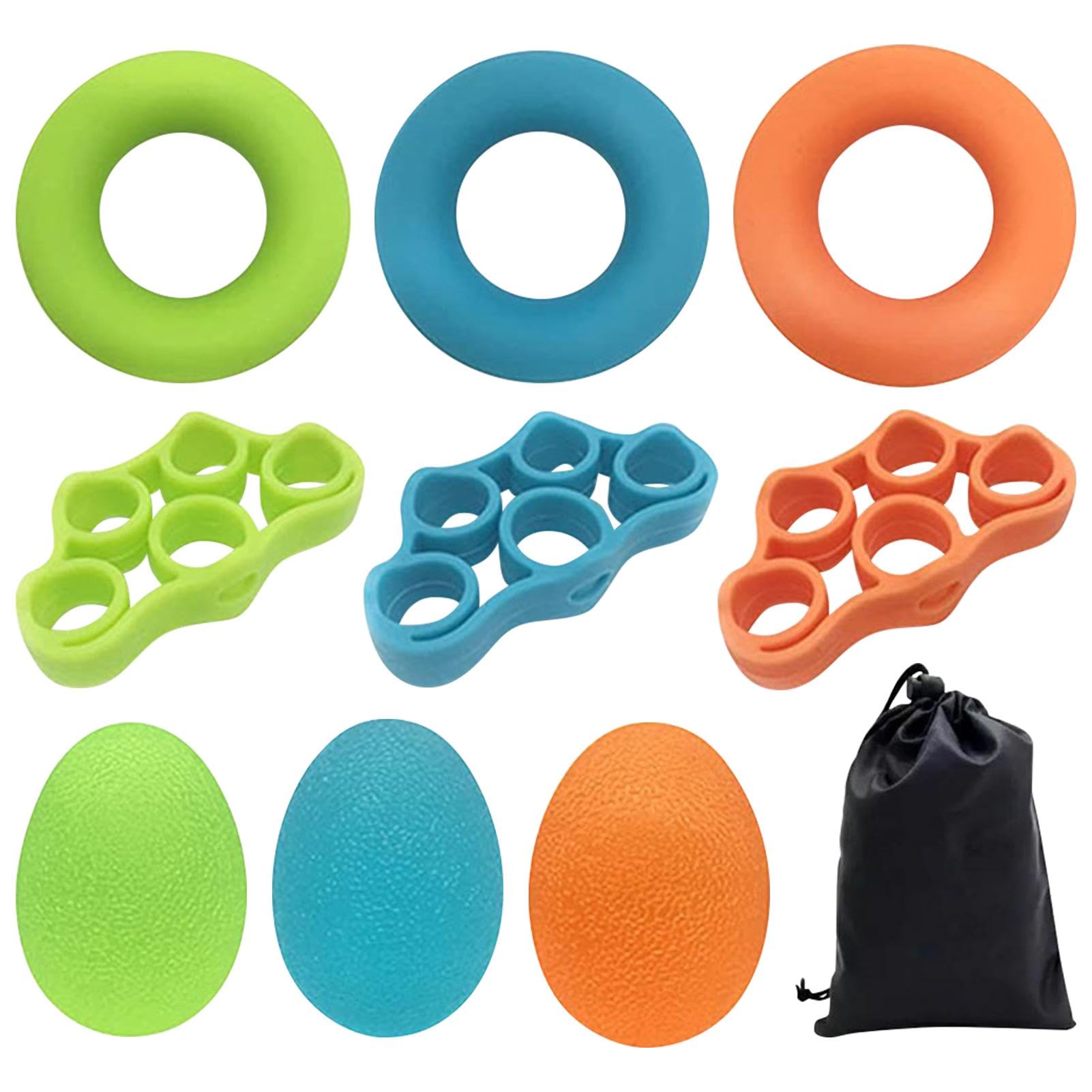 9Pcs Set Grip Strengthener, Finger Exerciser Stress Relief, Silicone Fingers Exerciser Hand Squeeze Ball Kit, Hand Grip Strengthener for Muscle Training, Sports, Rock Climbing, Fitness