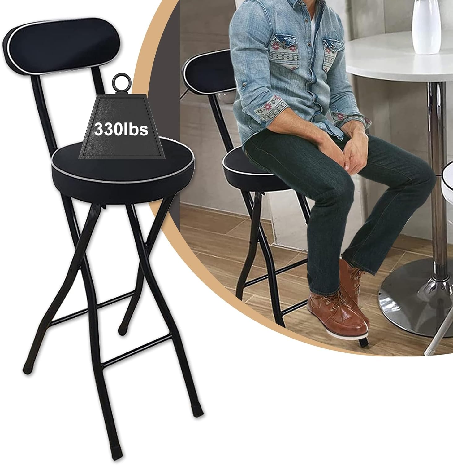 28/30 inch Breakfast Folding Stool, Portable Foldable Padded High Chair with Backrest & Footrest, Kitchen Tall Stool 330lbs Capacity, for Outdoor Shop Cafe (Color : White, Size